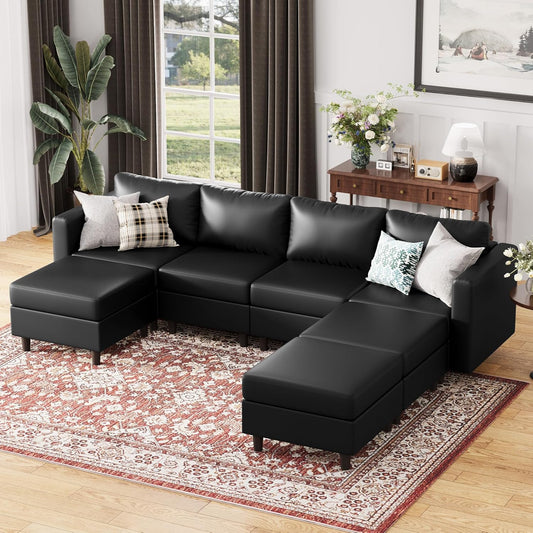 ABCASA 118.5" Faux Leather Modular Sectional Sofa, 7 Seater U Shaped Couch with Storage Seat with Reversible Chaise Deep Seat for Living Room Black