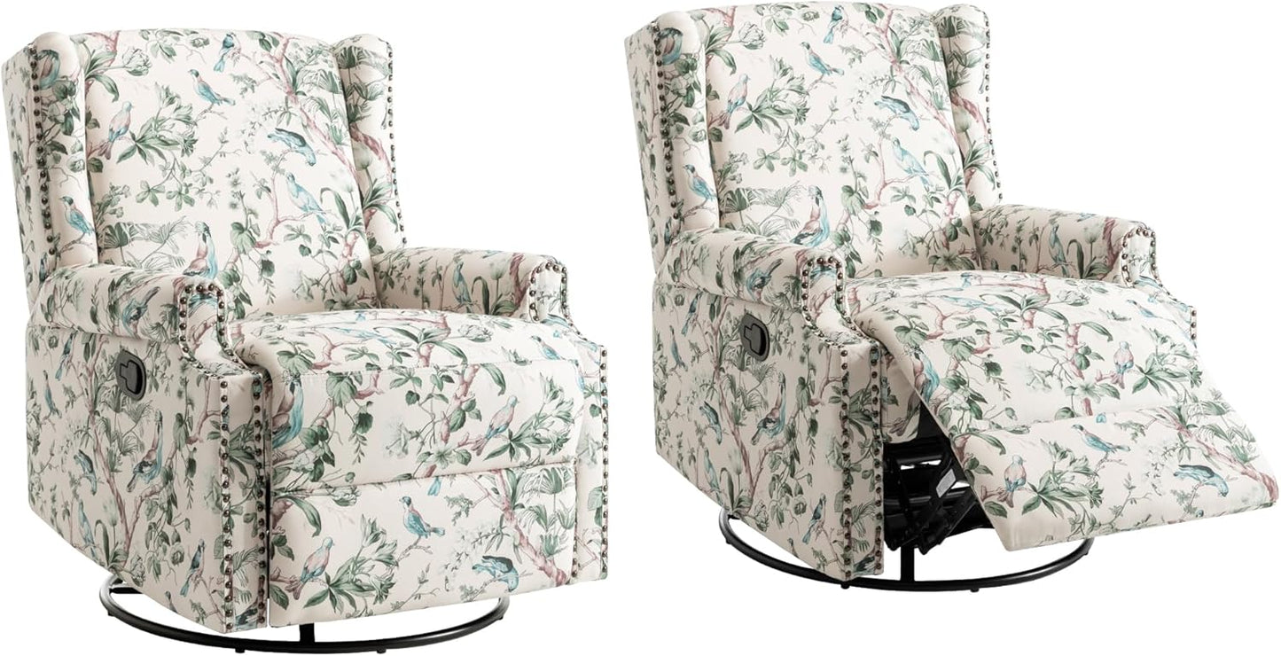 UIXE Swivel Rocker Manual Recliner Chairs Set of 2, Wingback Swivel Glider Fabric Nursery Reclining Sofa Chair, High Back Upholstered Arm Chair for Living Room Bedroom - Bird Pattern