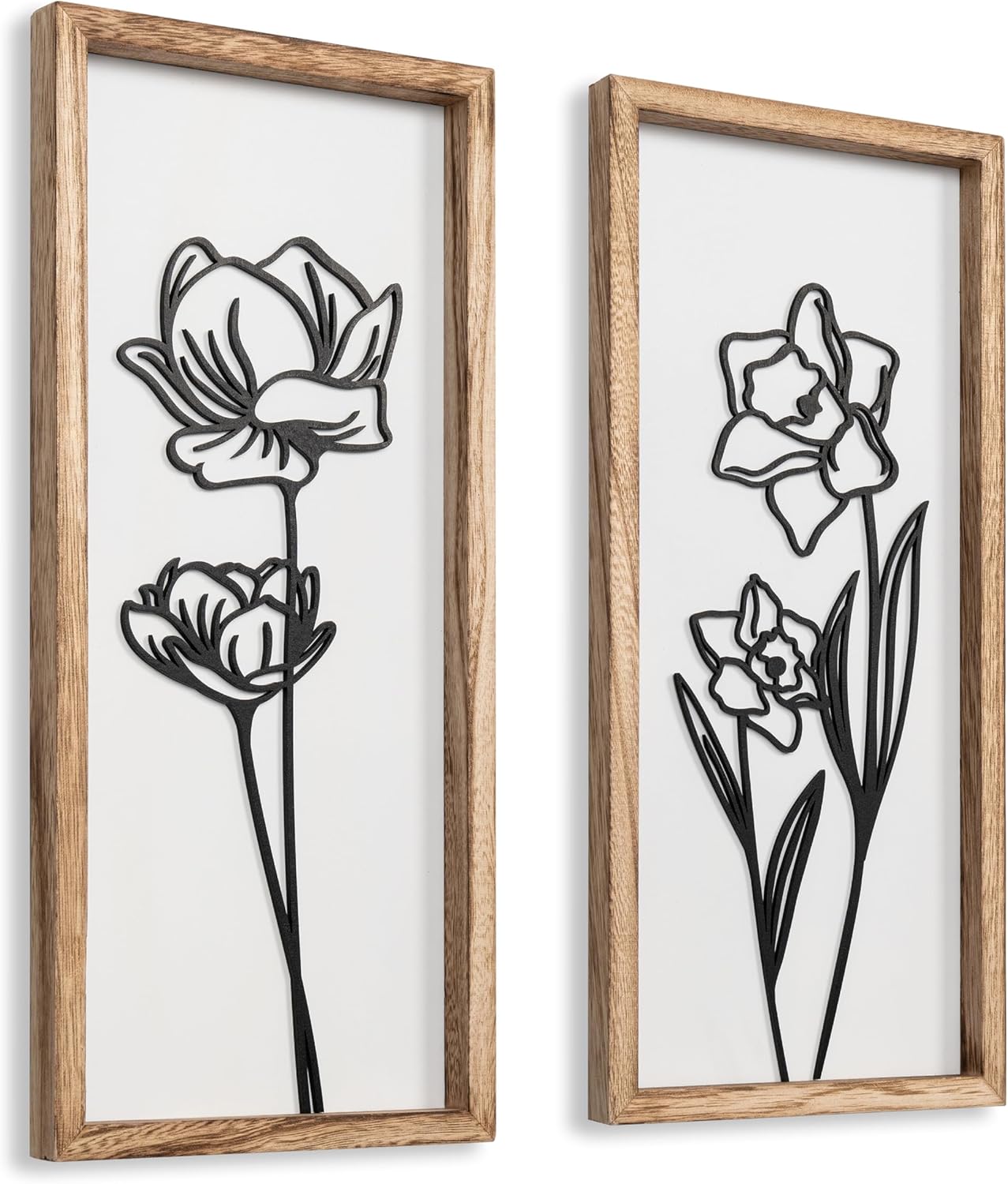 3D Black and White Wall Art (Set of 2) Lightweight, Wooden Ready-to-Hang Framed Floral Wall Art for Bathroom, Bedroom, Living Room or Office – Boho Botanical Farmhouse Decor – Gift-Boxed