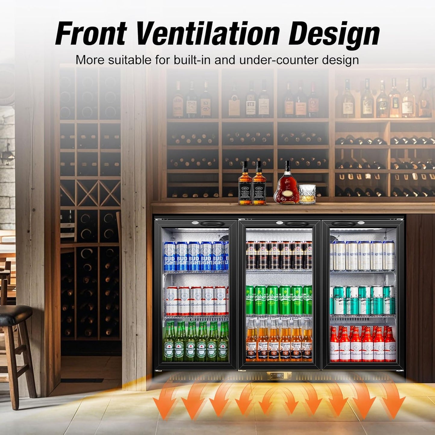 Beverage Refrigerator, 53.15W Inch 12 Cu.Ft Drink Fridge, Back Bar Beer Fridge with 3 Glass Door, 35.43" Height Beverage Cooler, Built-in & Undercounter Commercial Back Bar Cooler for Kitchen Shop Bar