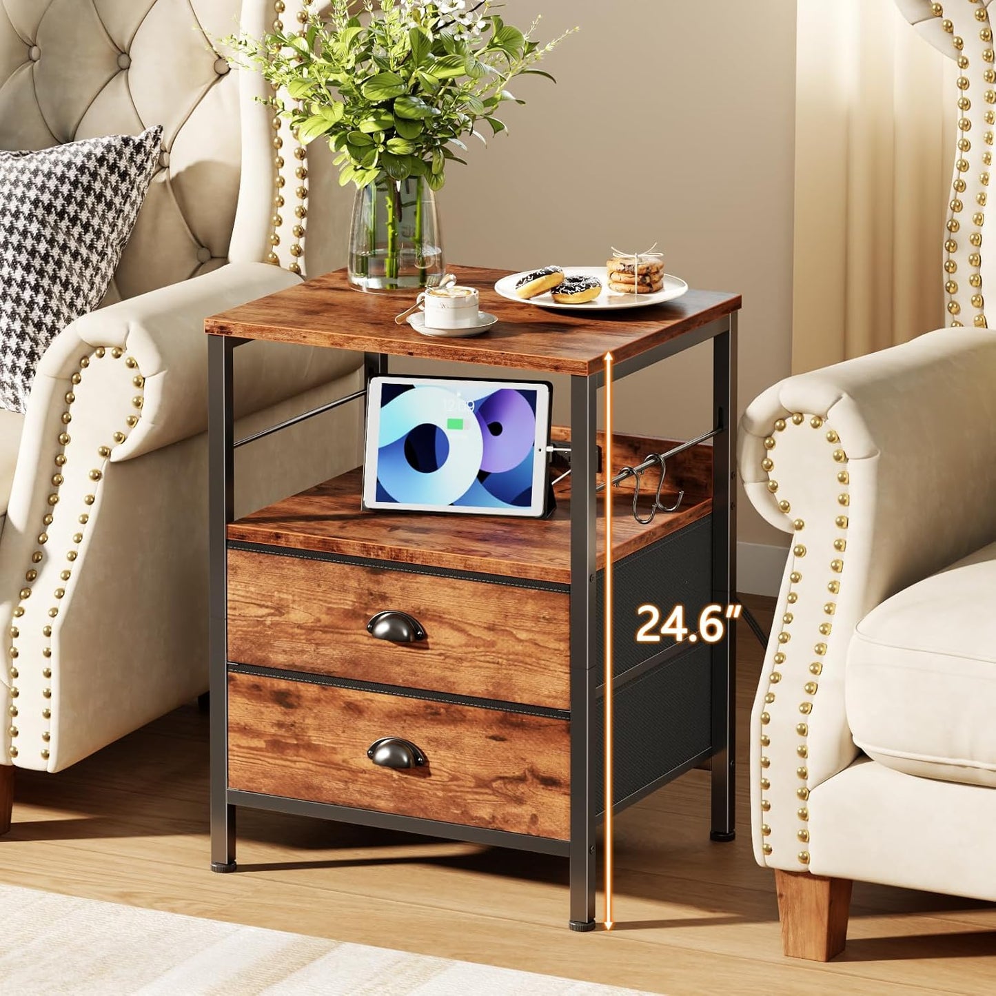 Furologee Night Stand with Charging Station, Bedside Table with Fabric Drawers, End Table with USB Ports & Outlets, Rustic Nightstand with Storage Shelf & Hooks, for Living Room/Bedroom, Rustic Brown