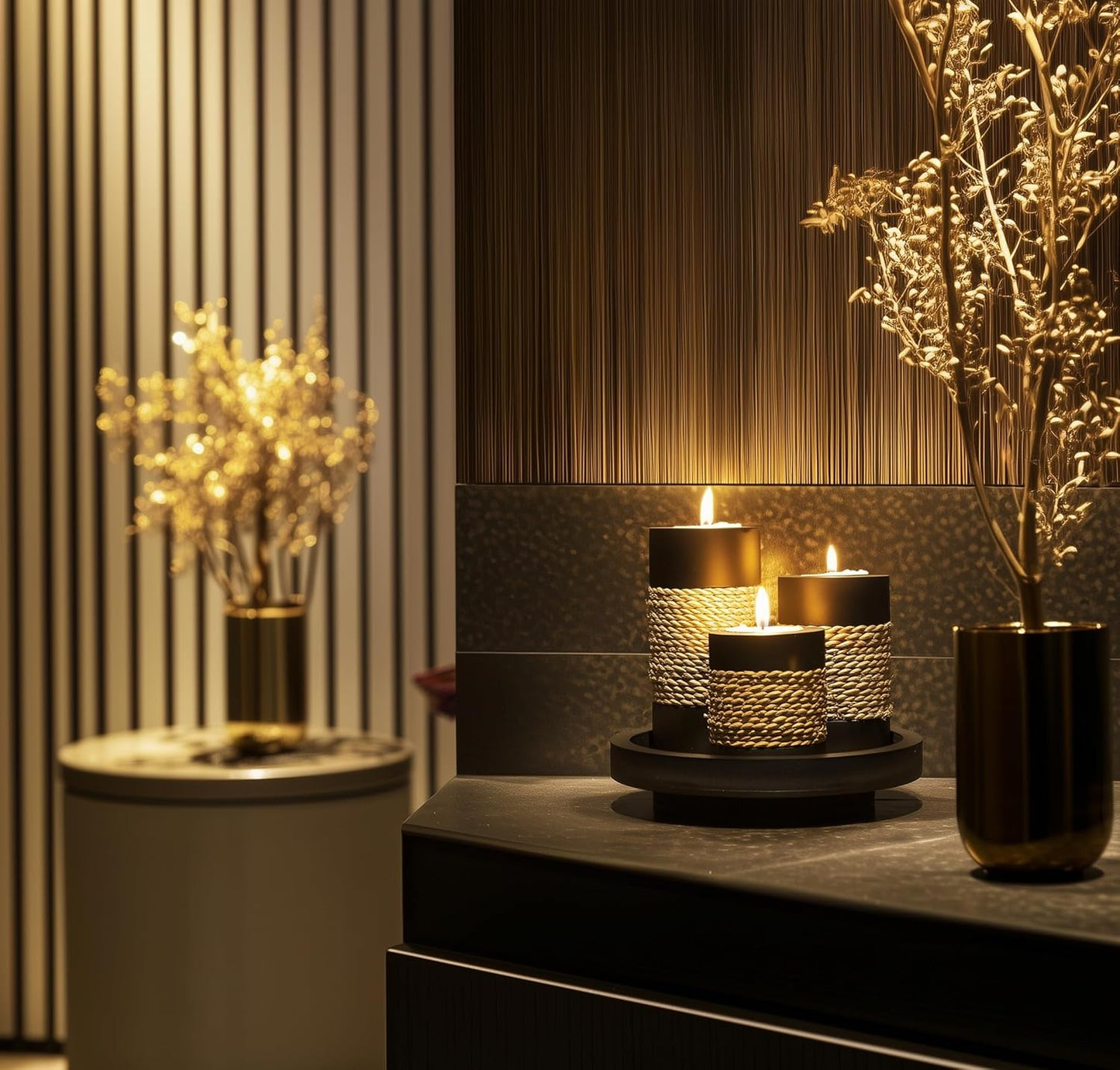 IYARA CRAFT Tealight Candle Holders with Tray – Set of 3 Handmade Wooden Candle Holders with Natural Rope Accent – Rustic Black Decor for Table Centerpiece, Office or Gift