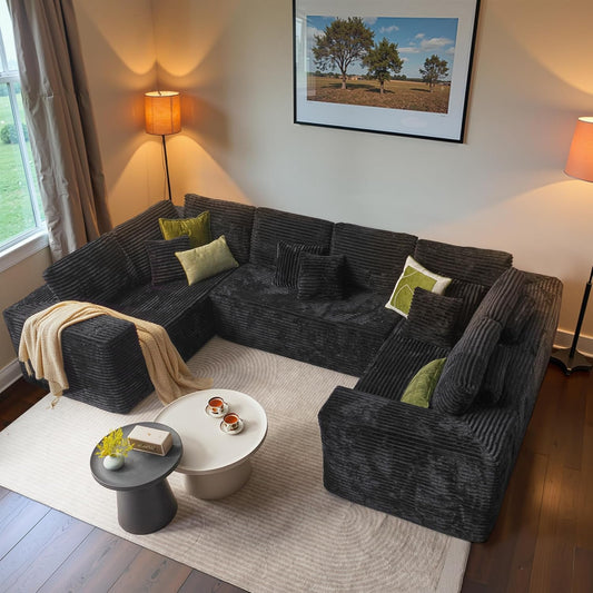 ovios Sectional Cloud Couch for Living Room, Modular Floor Sofa with Plush Corduroy, No Assembly Required, Big Comfy Couches Set with Fluffy Memory Foam, Stupendous U Shaped Sofas with Chaise, Beige