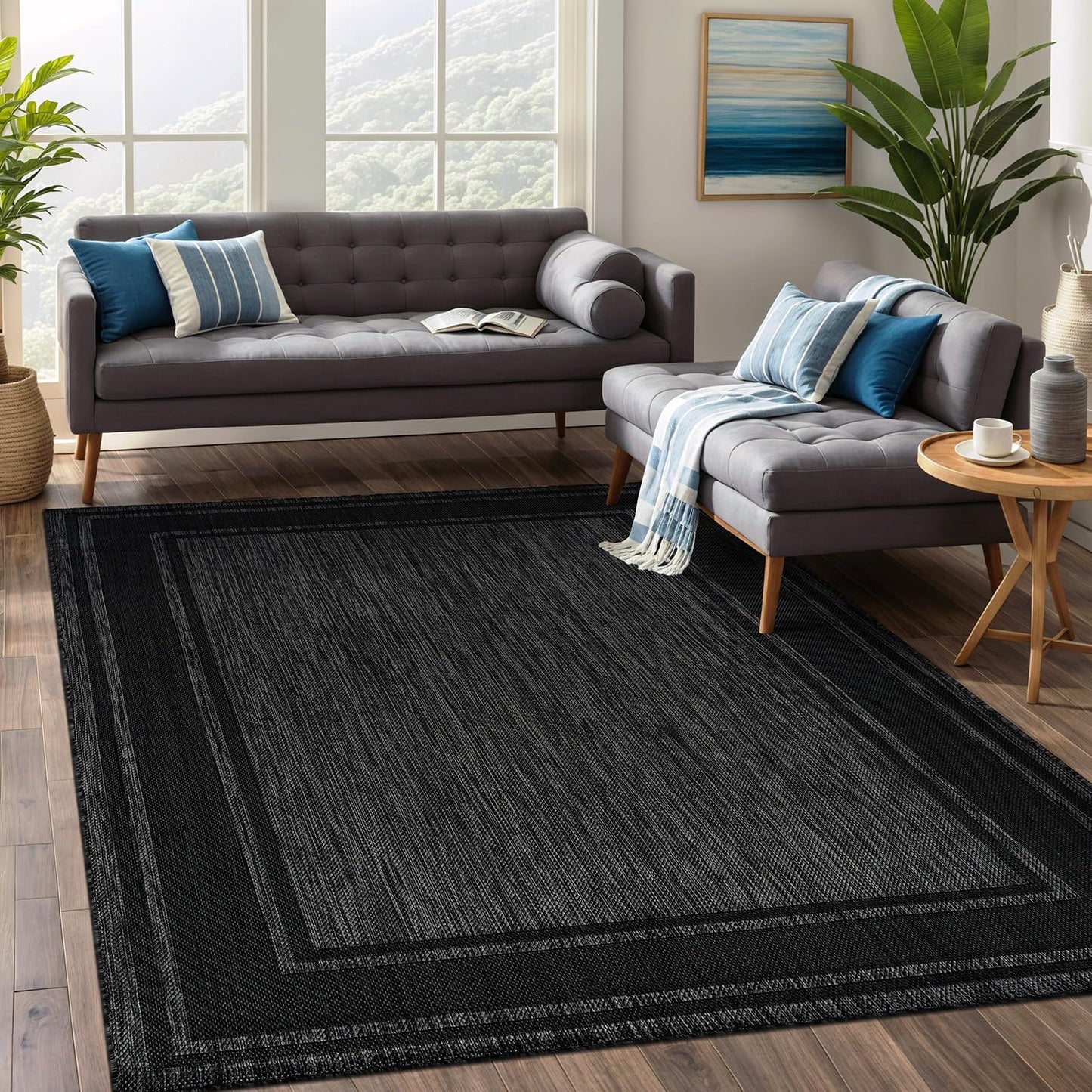Beverly Rug Large Outdoor Rug 9x12 Modern Bordered Area Rugs for Indoor and Outdoor Patio Deck Porch Garden Waterproof Weather Sun Resistant Washable Outside Carpet (9 x 12 Black)