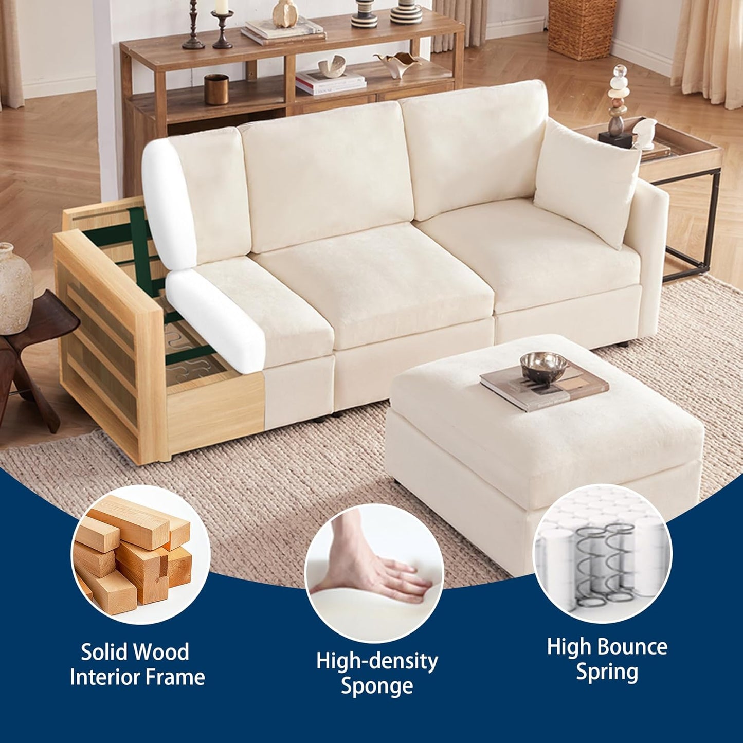 Tbfit 85" Convertible L Shaped Couch, Sectional Sofa for Living Room,Chenille Cloud Couch with Ottoman 4 Seat (Beige)