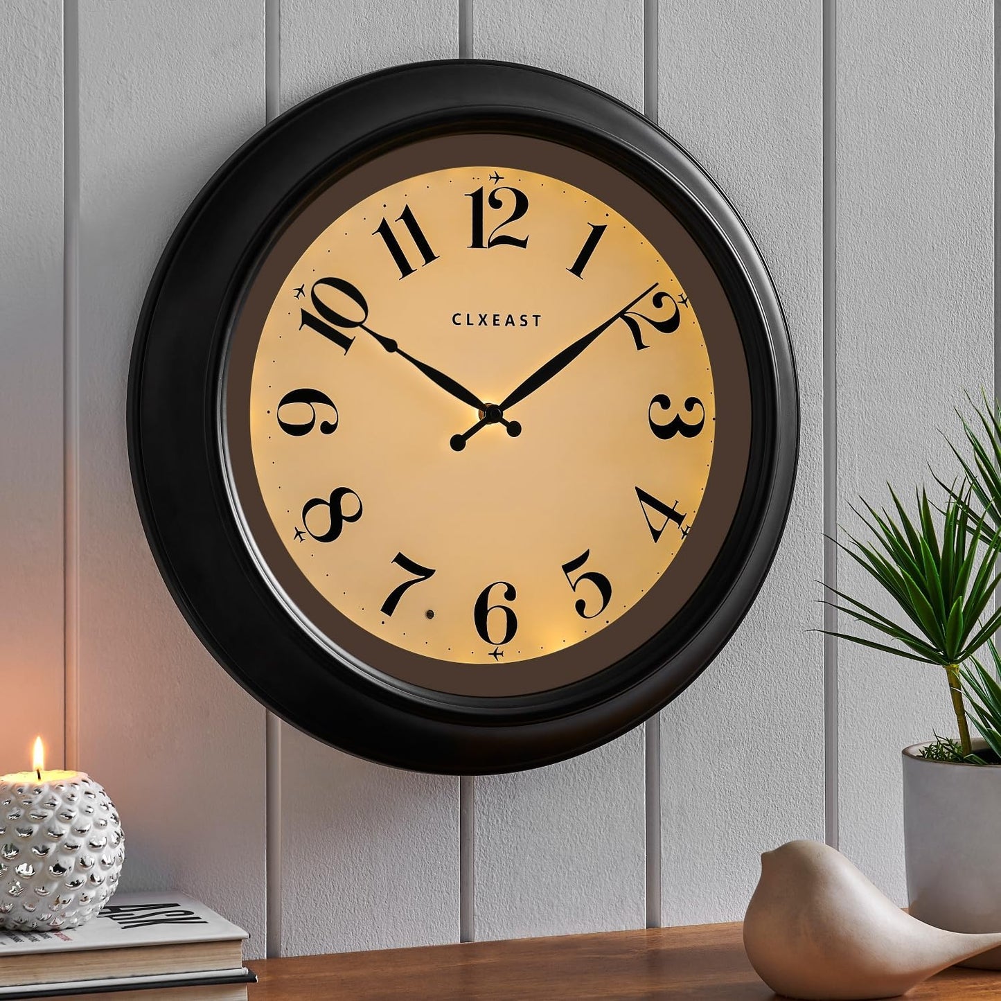 CLXEAST 18 Inch Large Illuminated Wall Clock with AI Smart Night Light Sensor,Modern Farmhouse Wall Clocks for Living Room,Bedroom,Bathroom, Kitchen, Home Office,Oil Rubbed Bronze Black