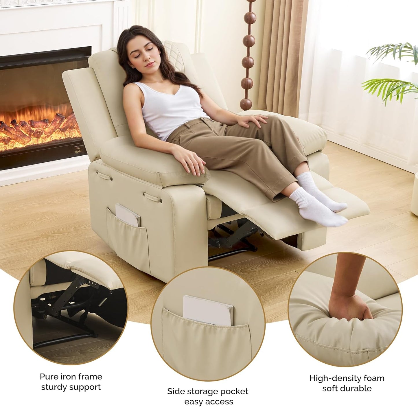 Recliner Chair with Electric Massage Adjustable Footrest & Heat, Manual Leather Recline for Adults Living Room Remote Control (Beige)