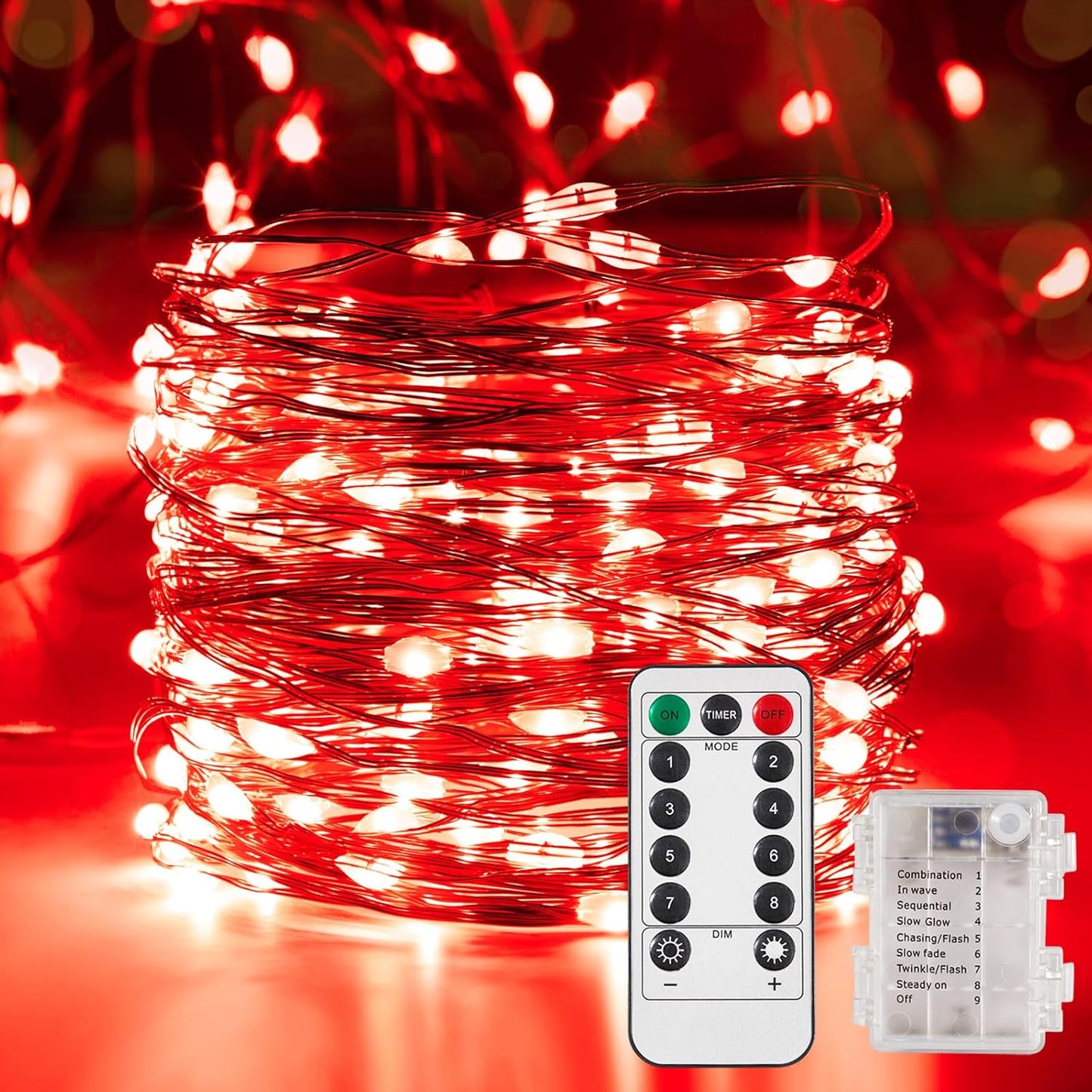 2 Pack 65.6 Ft. Battery Operated Outdoor String Lights with Remote & Timer, LED Red Fairy Lights, Waterproof Twinkle Lights for Bedroom, Dorm, Mason Jar, Wedding, Party, Christmas