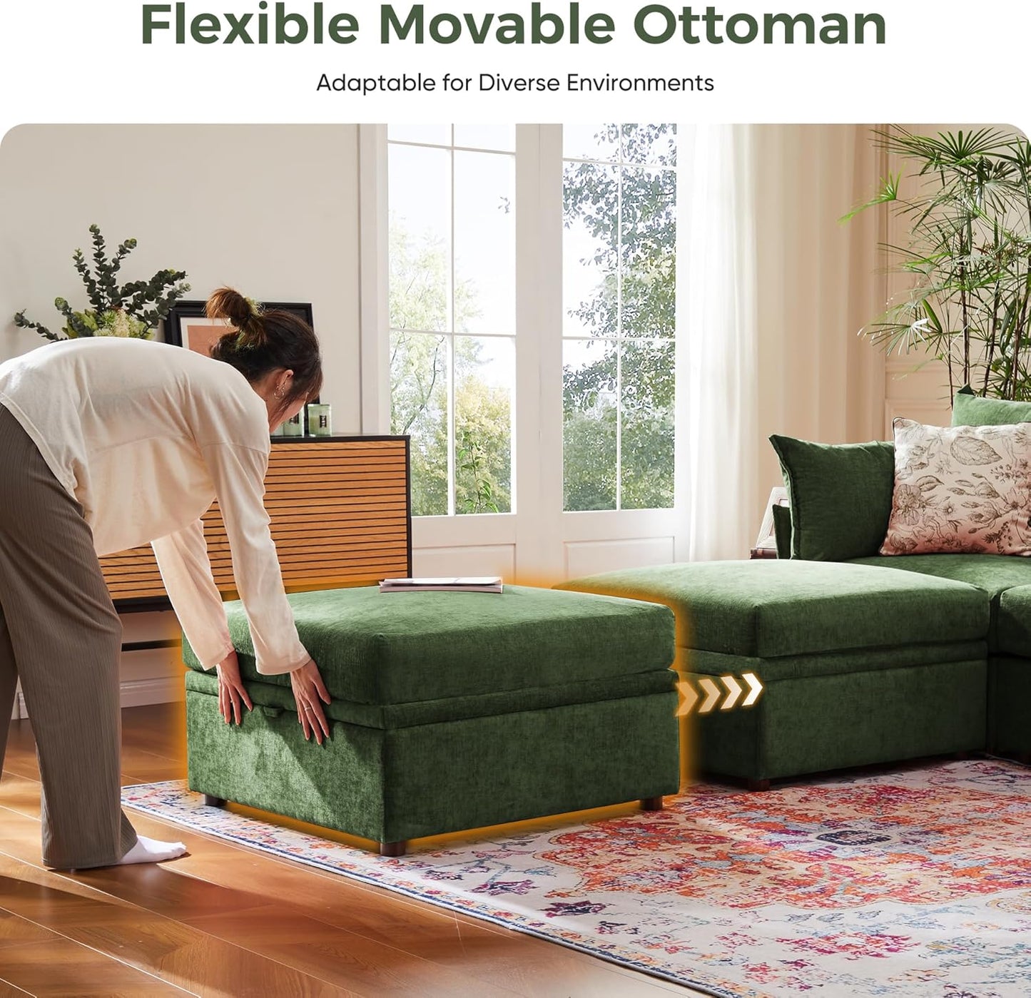 166.6" Oversized Modular Sectional Sofa, U Shaped Convertible Couch with Movable Ottoman, Large 8 Seat Corner Couches for Living Room Deep Seat Green Chenille