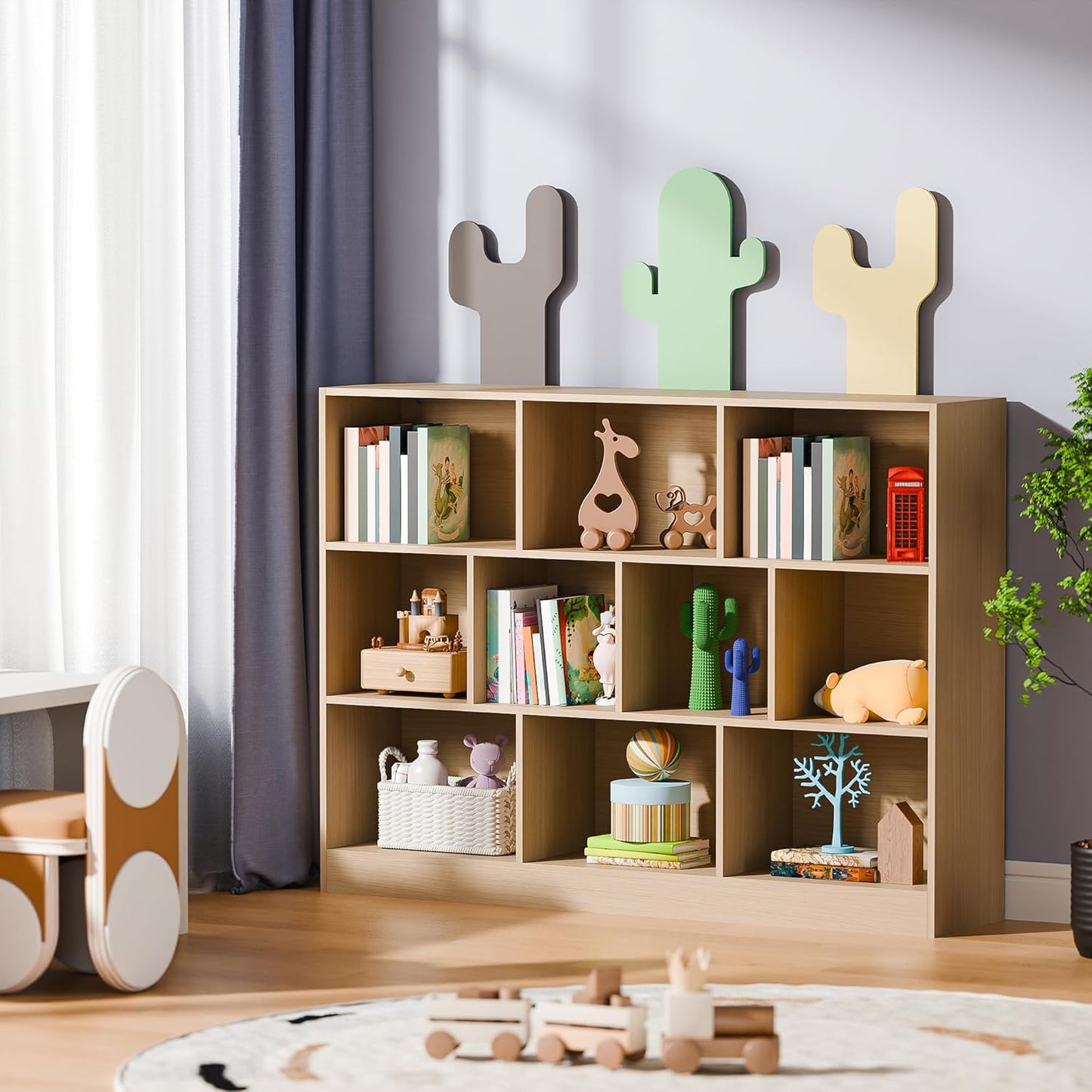 Cozy Castle Oak Bookshelf, 3-Tier Open Shelf Bookcase, 10 Cube Storage Organizer with Anti-Tilt Device for Bedroom, Living Room, 55.11" W x 11.61“D x 40.94“H