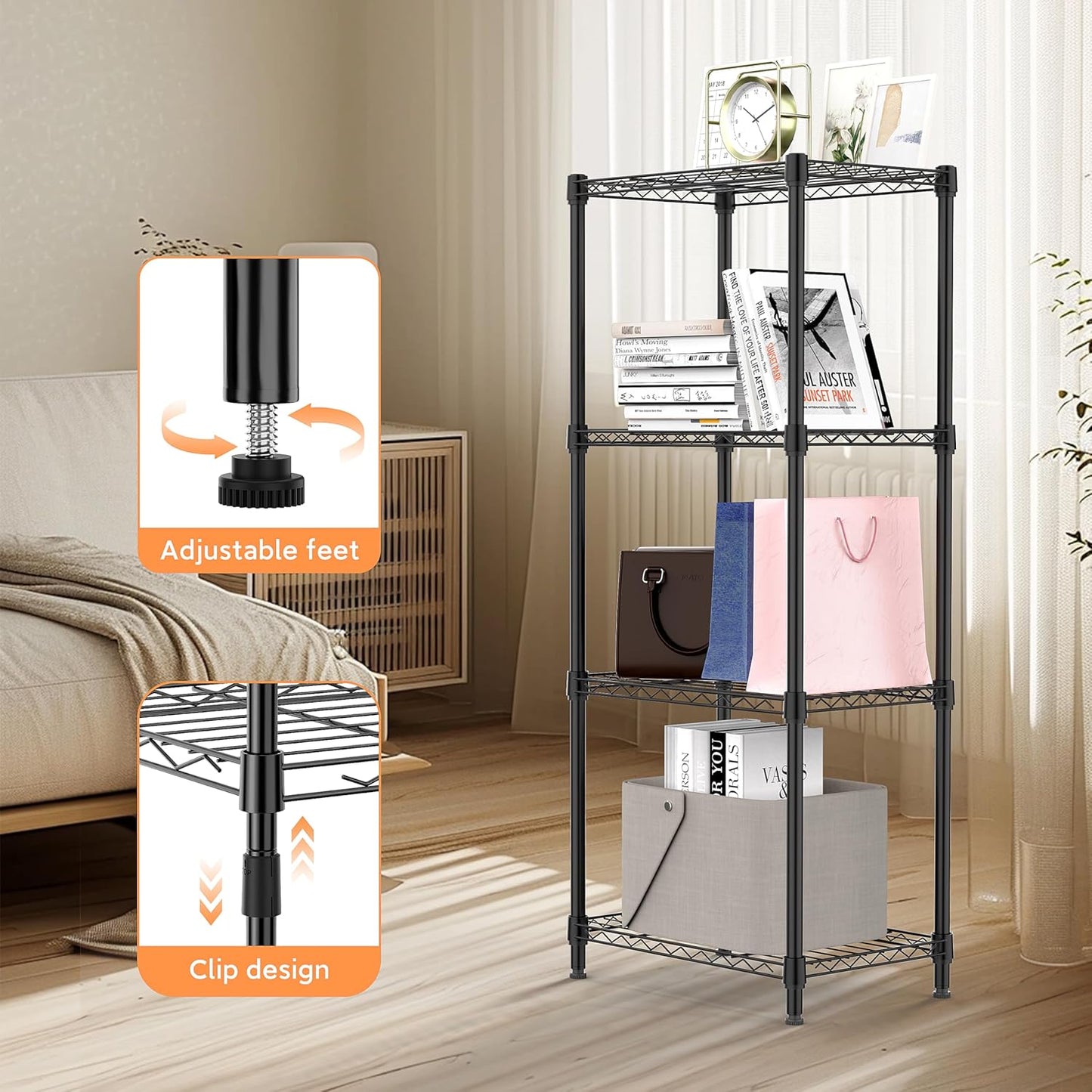 4 Tiers Shelf Metal Storage Shelves Wire Rack Closet Organizers with Wheel for Garage Kitchen Bathroom Laundry Black 11.8" D x 17.7" W x 41.9" H