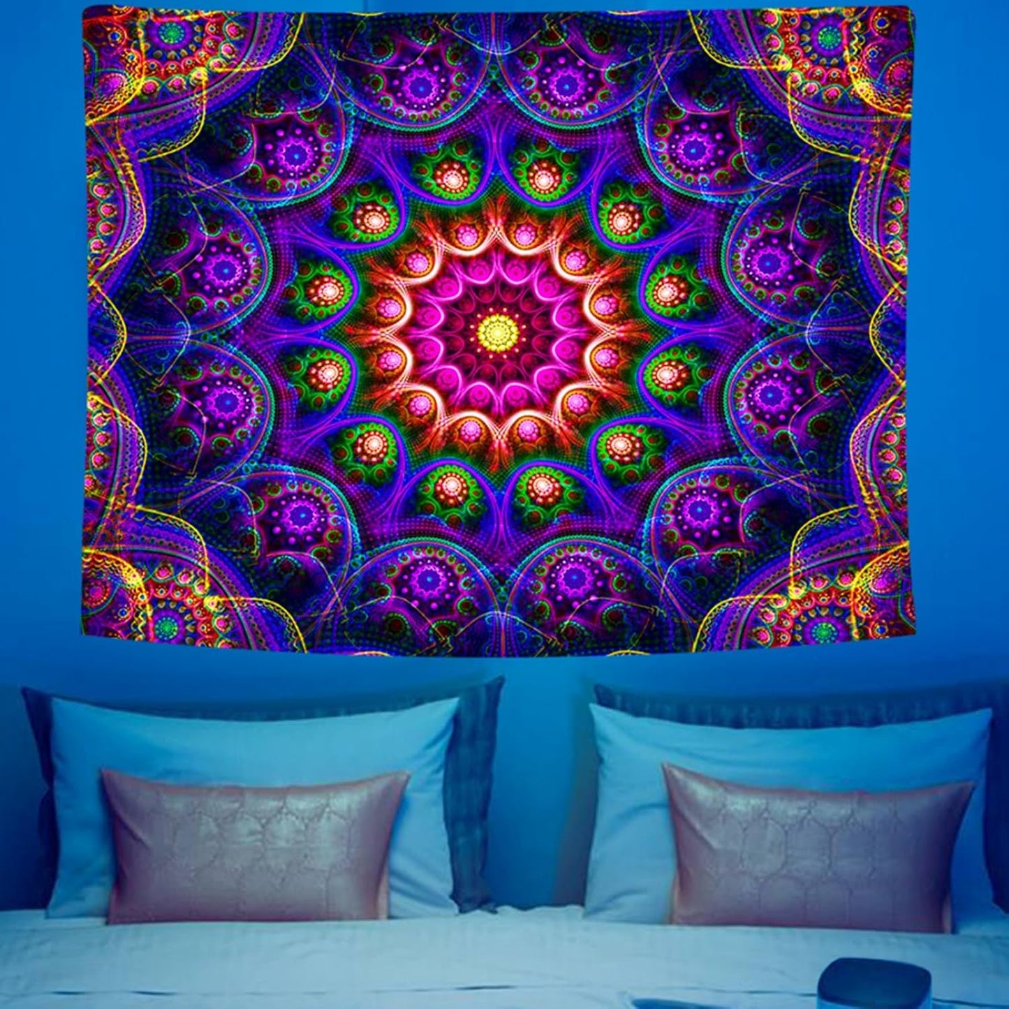 Blacklight Trippy Mandala Tapestry, Boho Black Light Posters for Adults UV Reactive Room Decor for Bedroom Wall (90 x 70 Inches)