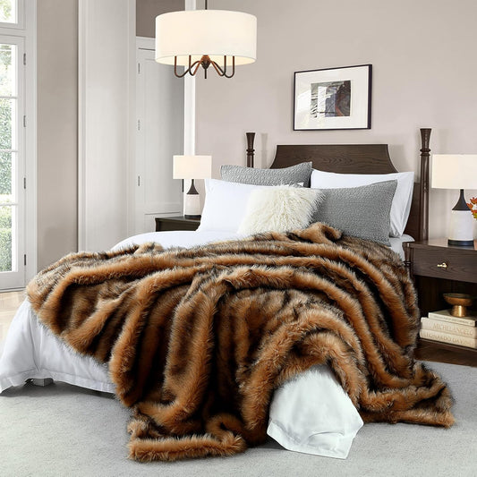Luxury Plush Faux Fur Blanket Queen Size, Long Pile Brown with Black Tips, Oversized Super Warm, Fuzzy, Elegant, Fluffy Decoration Throw Blanket for Sofa, Armchair, Couch and Bed, 90"x90"