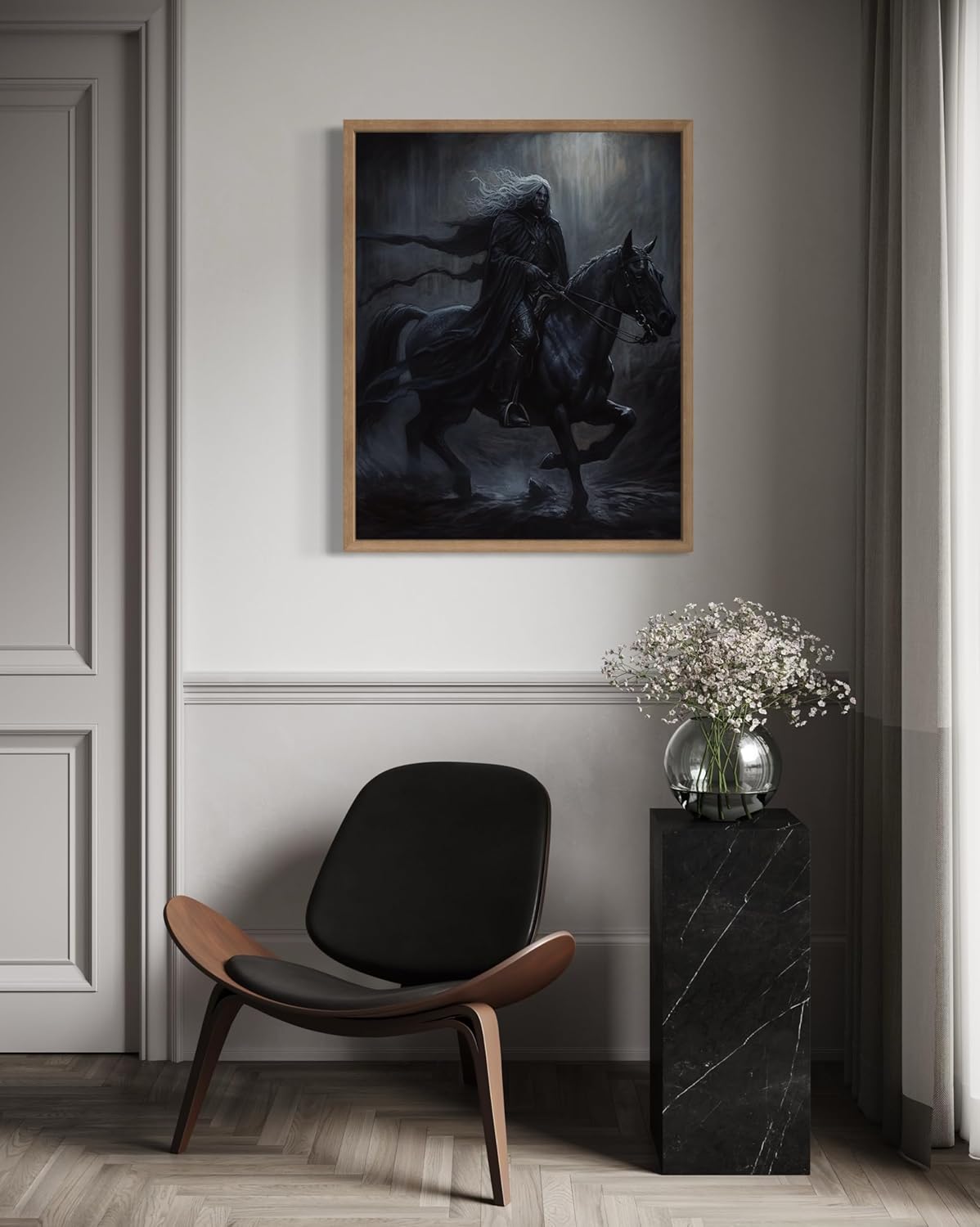 Black Dark Knight Poster Art Print, Halloween Scary Vintage Wall Art Academia Spooky Painting Decoration for Horror Prints, Gothic Posters Bedroom Decor 89 (Black Dark Knight, 16 x 20 inches, Wood Frame)