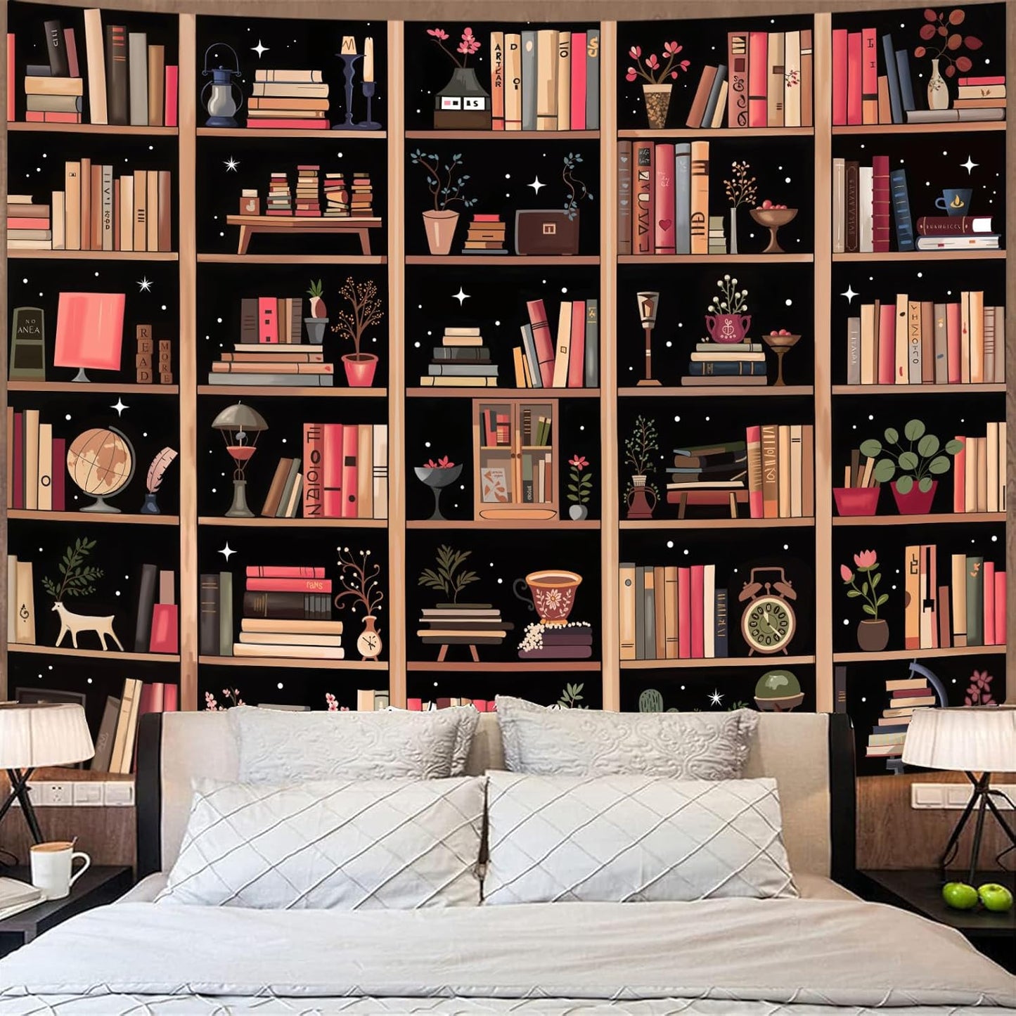 Accnicc Modern Bookshelf Tapestry Black Pink Orange Stylish Minimalist Book Shelf Tapestries Wall Hanging Art Dark Academics Library Book Tapestry for Bedroom Living Room Dorm 80 x 60 inch