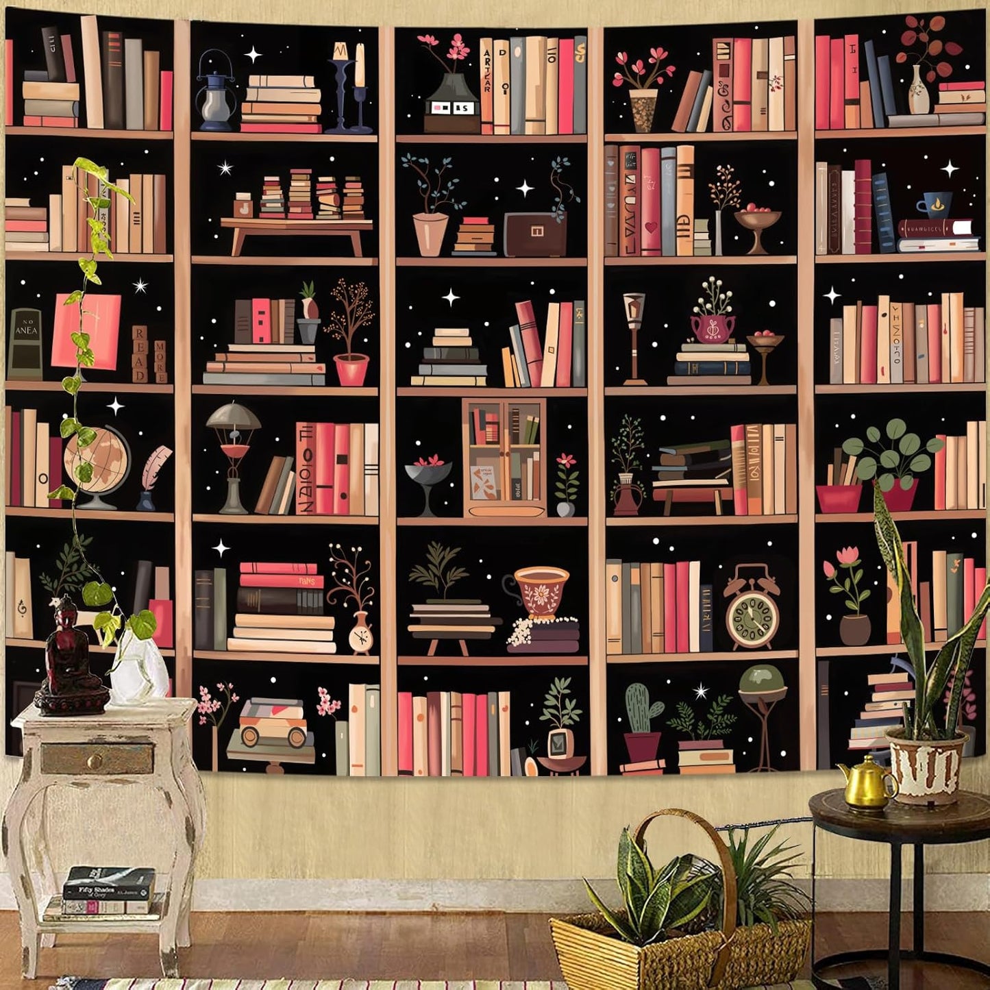 Accnicc Modern Bookshelf Tapestry Black Pink Orange Stylish Minimalist Book Shelf Tapestries Wall Hanging Art Dark Academics Library Book Tapestry for Bedroom Living Room Dorm 80 x 60 inch