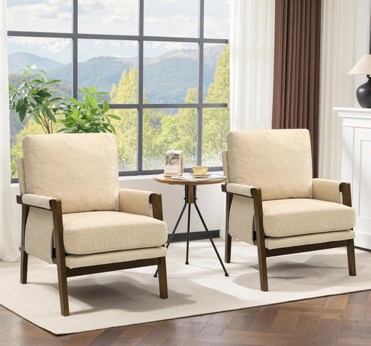 Modern Accent Chairs Set of 2 for Living Room Mid Century Arm Chairs Upholstered Bedroom Chairs Comfy Lounge Chairs with Solid Wood Frame, Beige