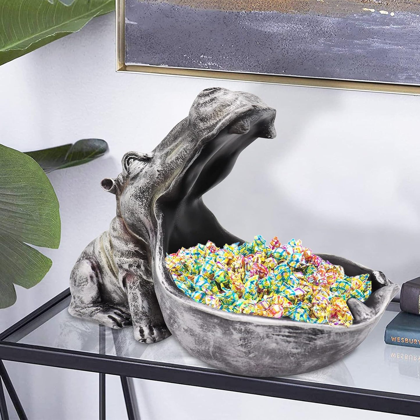 aboxoo Hippo Statue Home Resin Hippopotamus Figurine Fun Candy Dish,Key Bowl,Big Mouth Sculpture Table Art Decoration Sundries Container Storage Boxes (Grey)