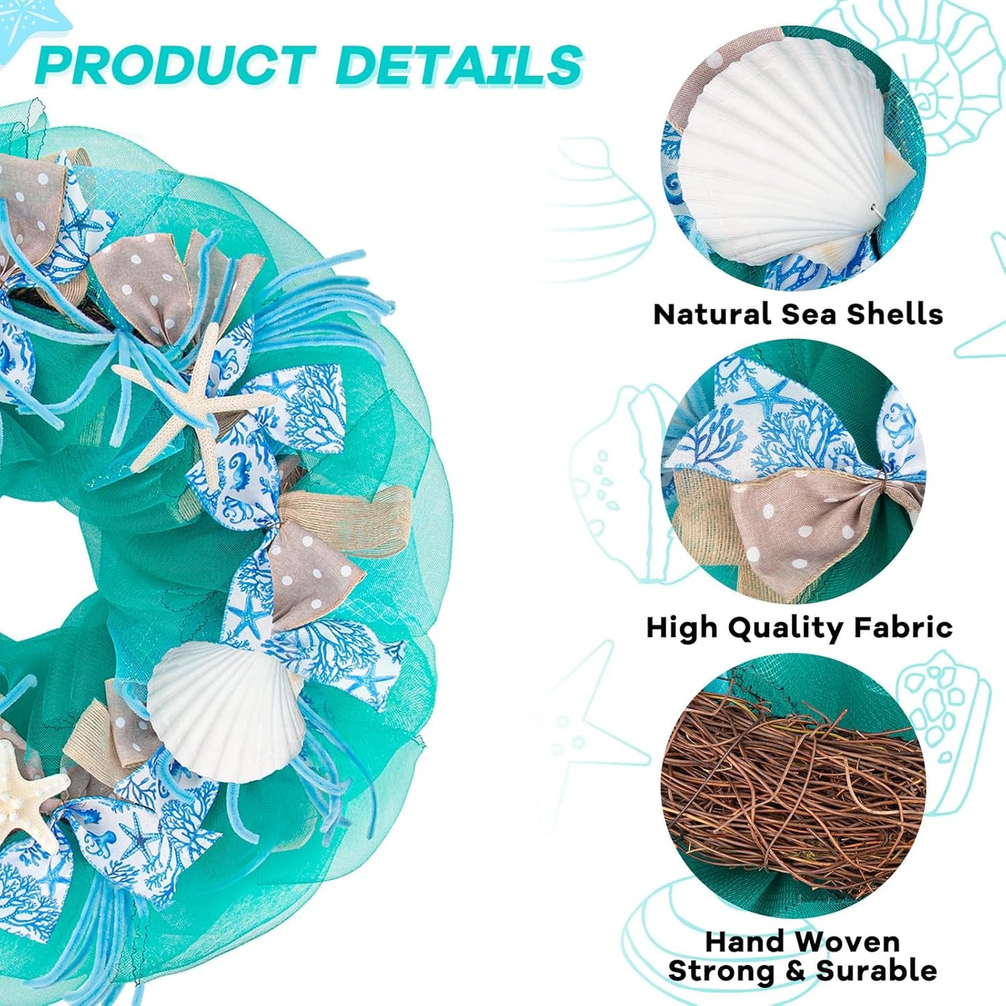 26 Inch Coastal Seashell Large Wreath with Natural Starfish & Scallops Shell, Lake Blue Beach Style Front Door Wreath with for Spring Summer, Farmhouse Rustic Indoor Outdoor Home Wall Wedding Decor