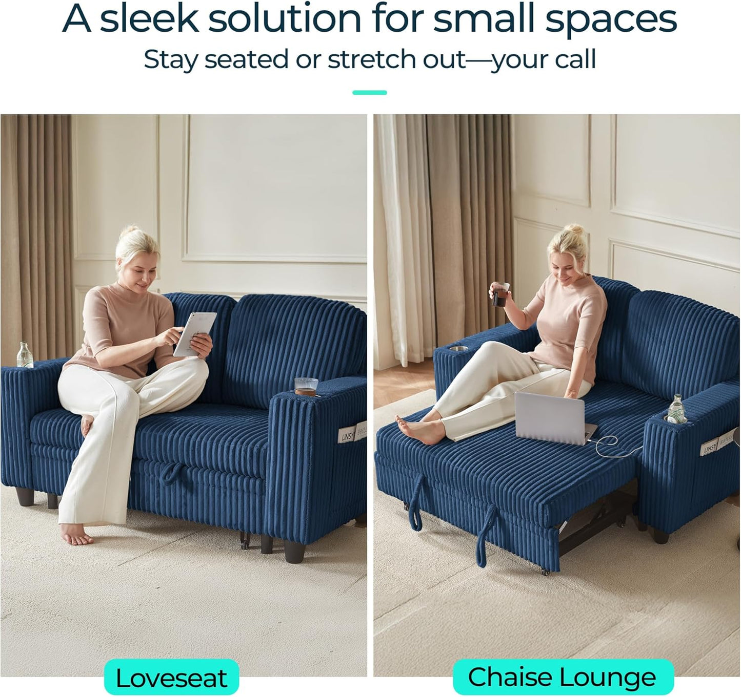 LINSY HOME Loveseat Sofa with Pull Out Couch Chaise: 2-in-1 Convertible 2 Seater Sofa with USB Charging & Cup Holders, Comfy Plush Corduroy Love Seat for Small Spaces Living Room Apartment, Blue