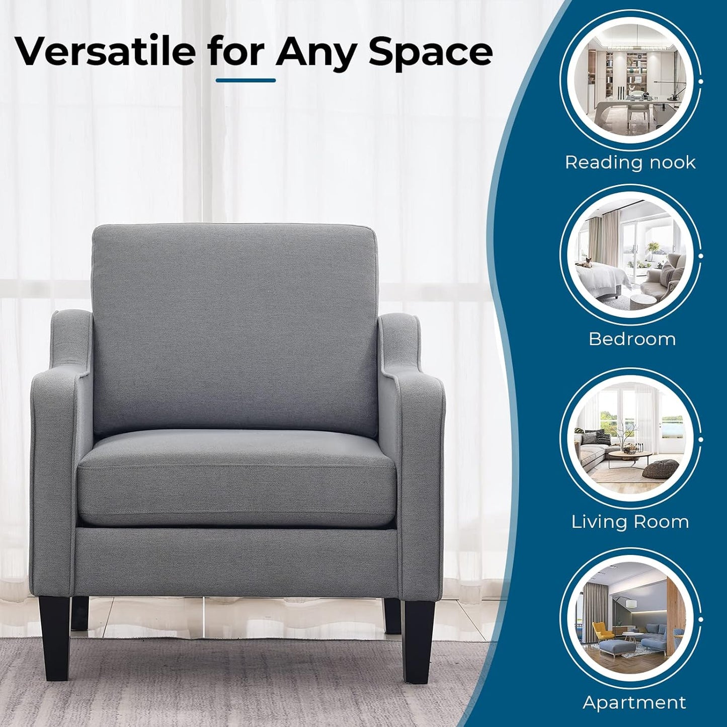 VINGLI Modern Accent Chairs Set of 2, Grey Living Room Chairs Comfy Armchair for Bedroom, Upholstered Sofa Chair Reading Chair for Small Spaces, Apartment, Waiting Room