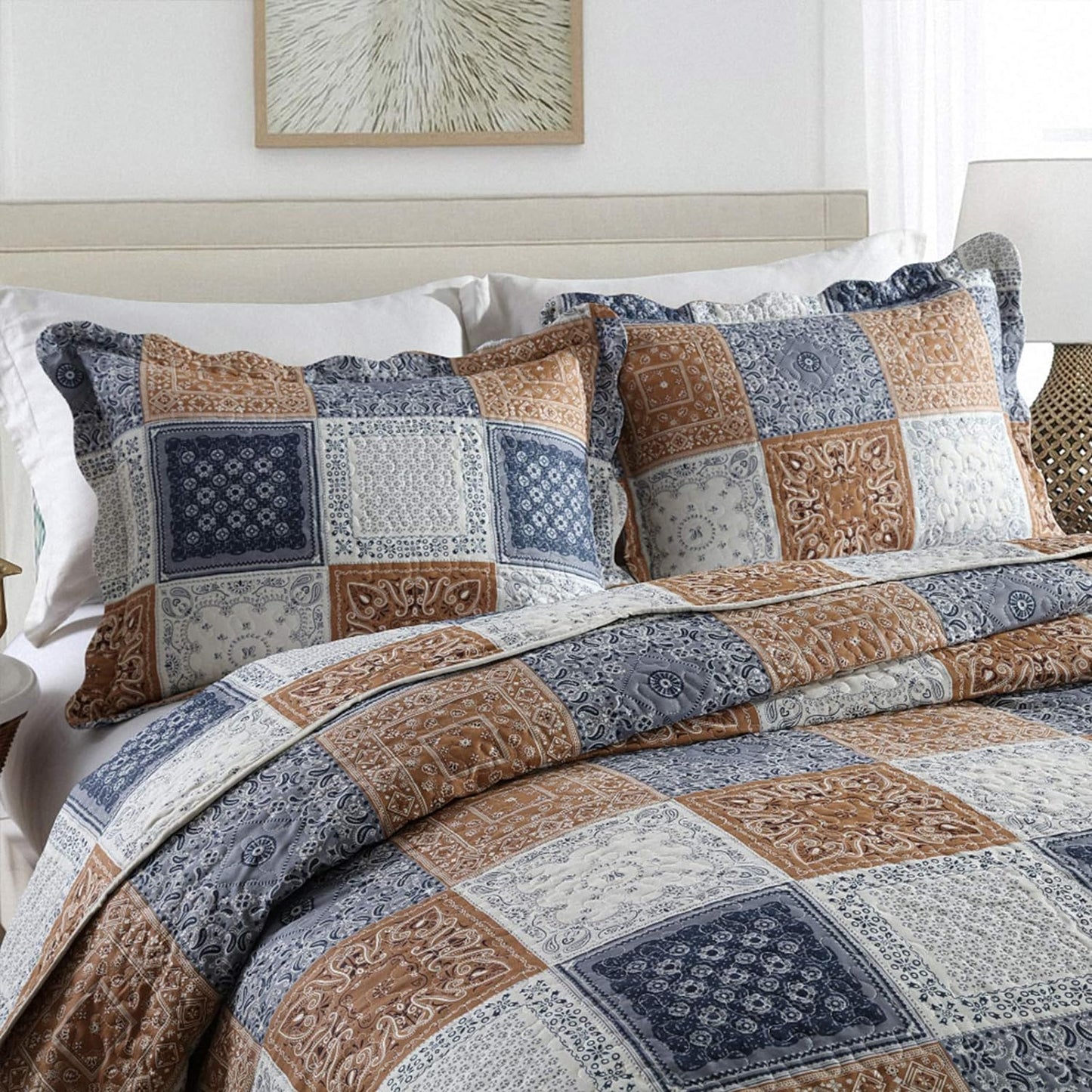 NEWLAKE Quilt Bedspread Sets-Color Block Pattern Reversible Coverlet Set,King Size