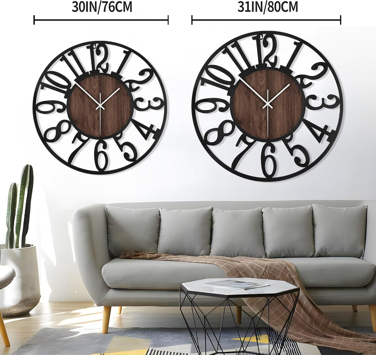 LEIKE 32" Oversized Large Wall Clocks,Silent,Non Ticking,Battery Operated Modern Round Big Wood Decorative Metal Wall Clock for Living Room, Bedroom,Kitchen,Farmhouse,Office Decor - Black,32 Inch