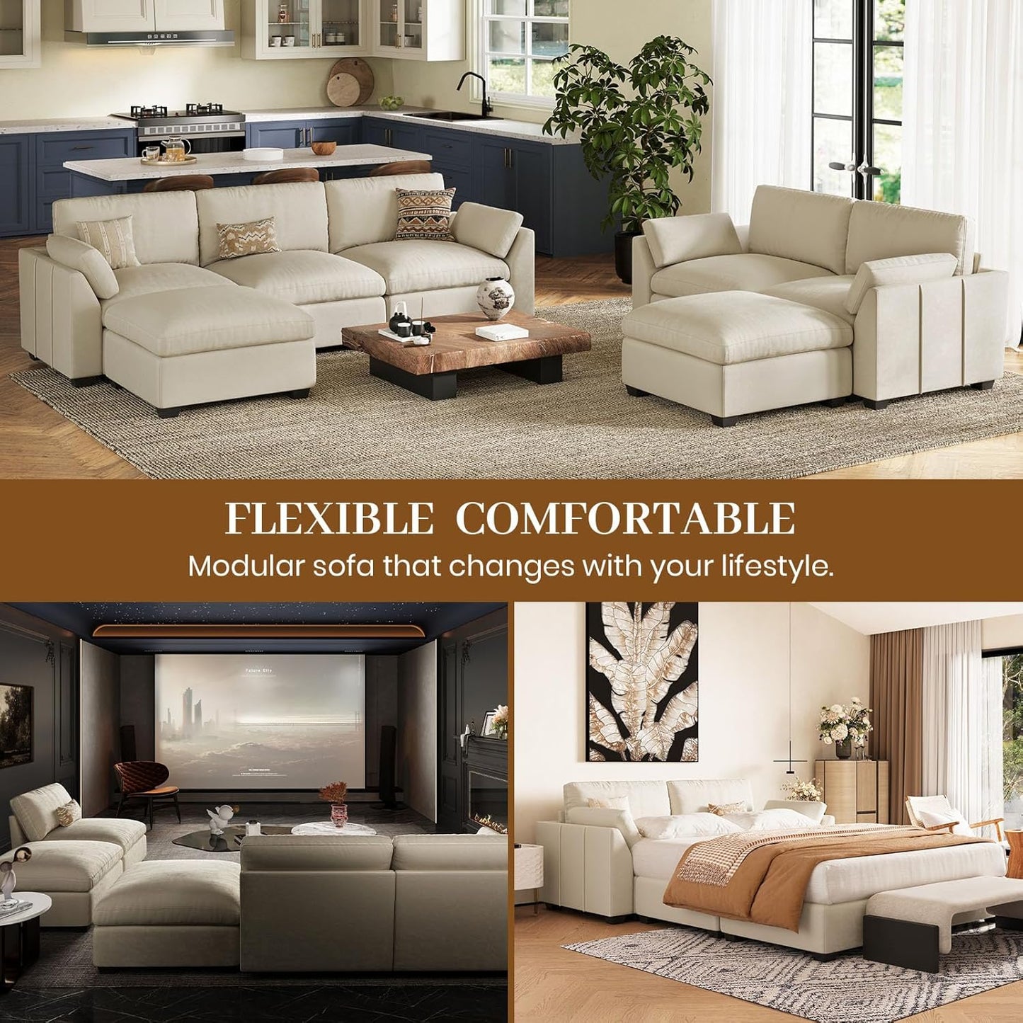 Belffin Extra Large Modular Sectional Sofa,106.3" 4-Seater L Shaped Couch,Velvet Convertible Sectional Couches for Living Room,Comfy Upholstered Modern Cloud Couch,Beige Sofa