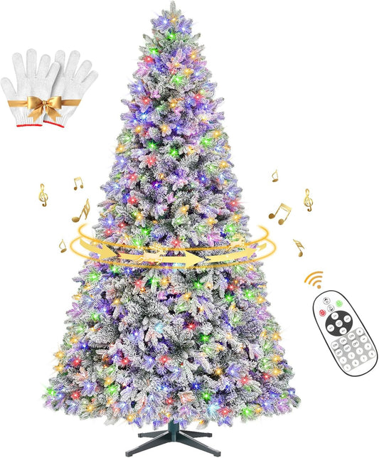 7.5ft Pre-Lit Snow Flocked Rotating Christmas Tree with 470 Multi-Color LED Lights, 1470 PE & PVC Tips - Realistic Artificial Tree for Holiday Decor