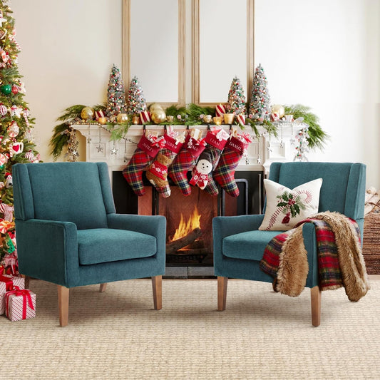 COLAMY Modern Wingback Living Room Chair Set of 2, Upholstered Fabric Accent Armchair, Single Sofa Chair with Lounge Seat and Wood Legs for Bedroom/Office/Reading Spaces, Teal