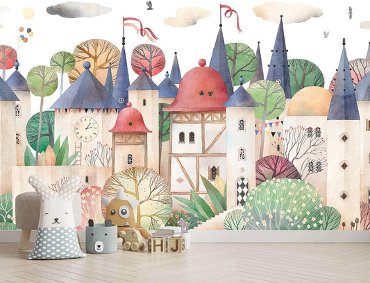 AFZEVEB-Cartoon Watercolor House Nursery Wallpaper Wall murals for Kids Room 114"x74" (Not Peel and Stick)