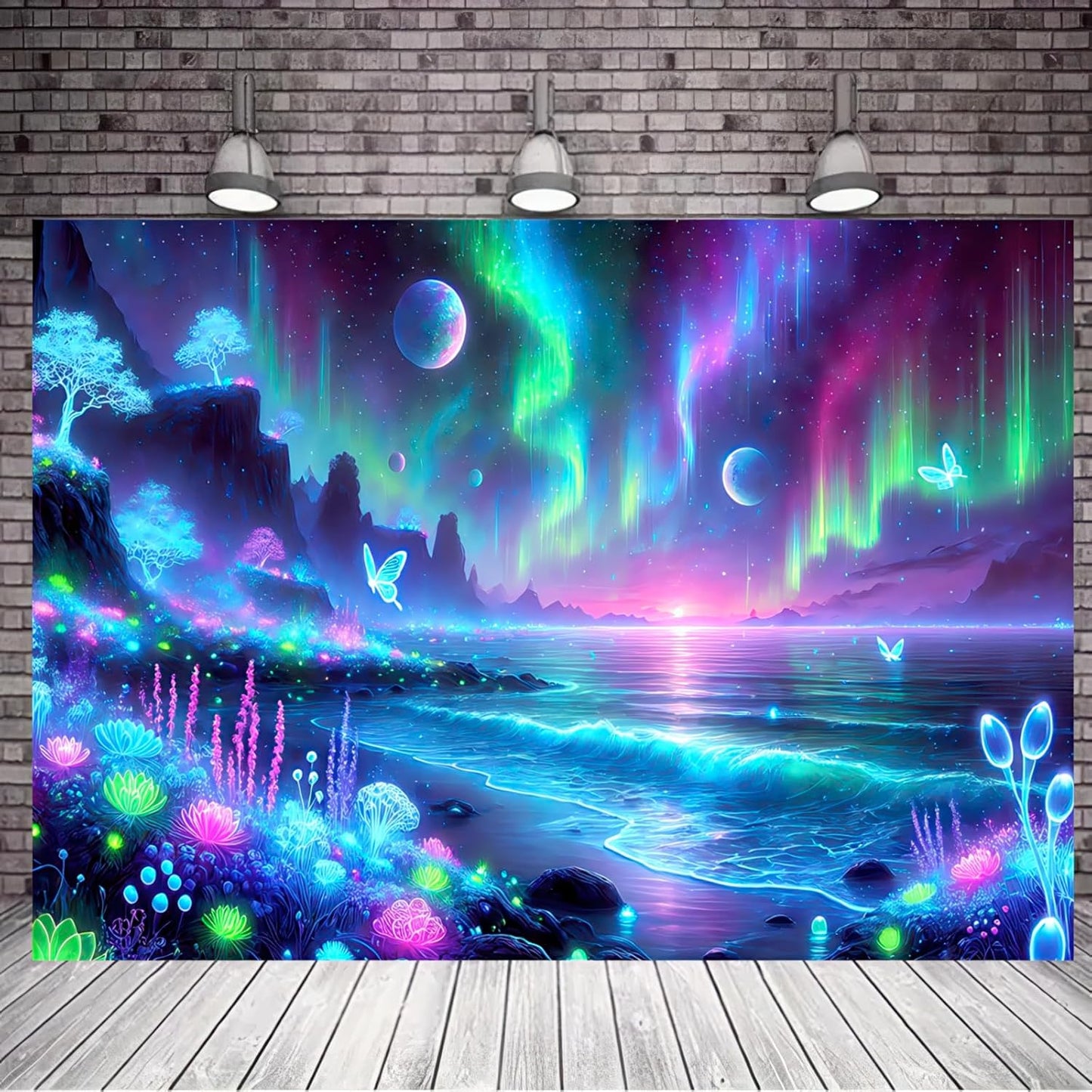 BlissYard Blacklight Fantasy Forest Tapestry UV Reactive Moon Tapestry Floral Plant Jungle TapestryButterfly Galaxy Space Tapestry Nature Landscape Wall Hanging for Bedroom Living Room 51" X 78"