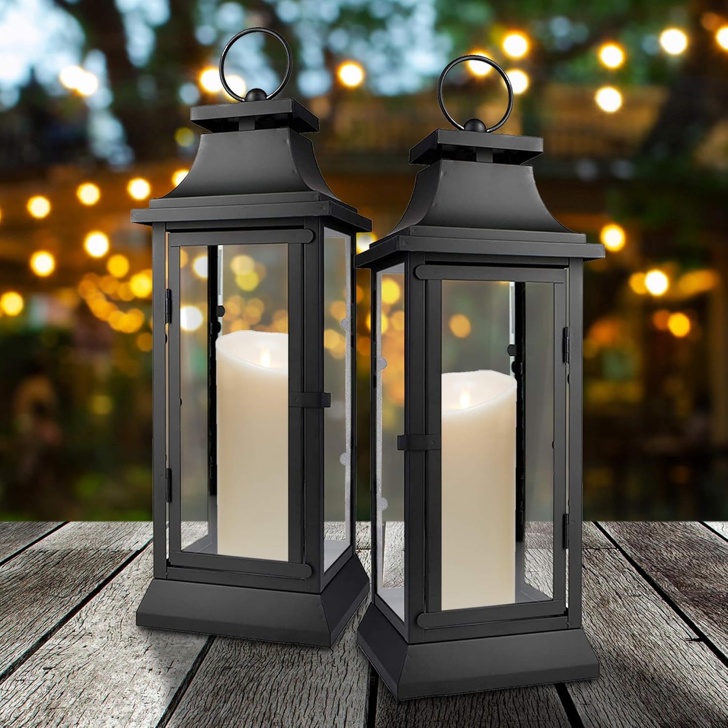 Serene Spaces Living Black Metal Hurricane Lantern with Clear Glass – 15" Tall, 5" Square. Versatile Hanging/Tabletop Candle Holder for Weddings, Parties, Indoor & Outdoor Home décor.