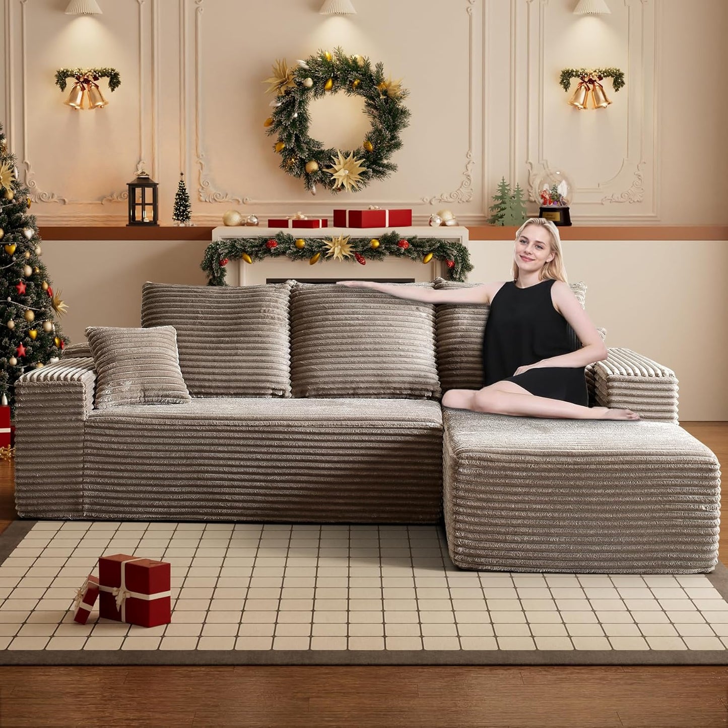 HYJT H&K Modular Sectional Sofa Cloud Couch, 107" Comfy L Shaped Sectional Couches for Living Room, Deep Seat Memory Foam Plush Fluffy Corduroy Boneless Couch Sectionals Right Facing Sofa Chaise Brown