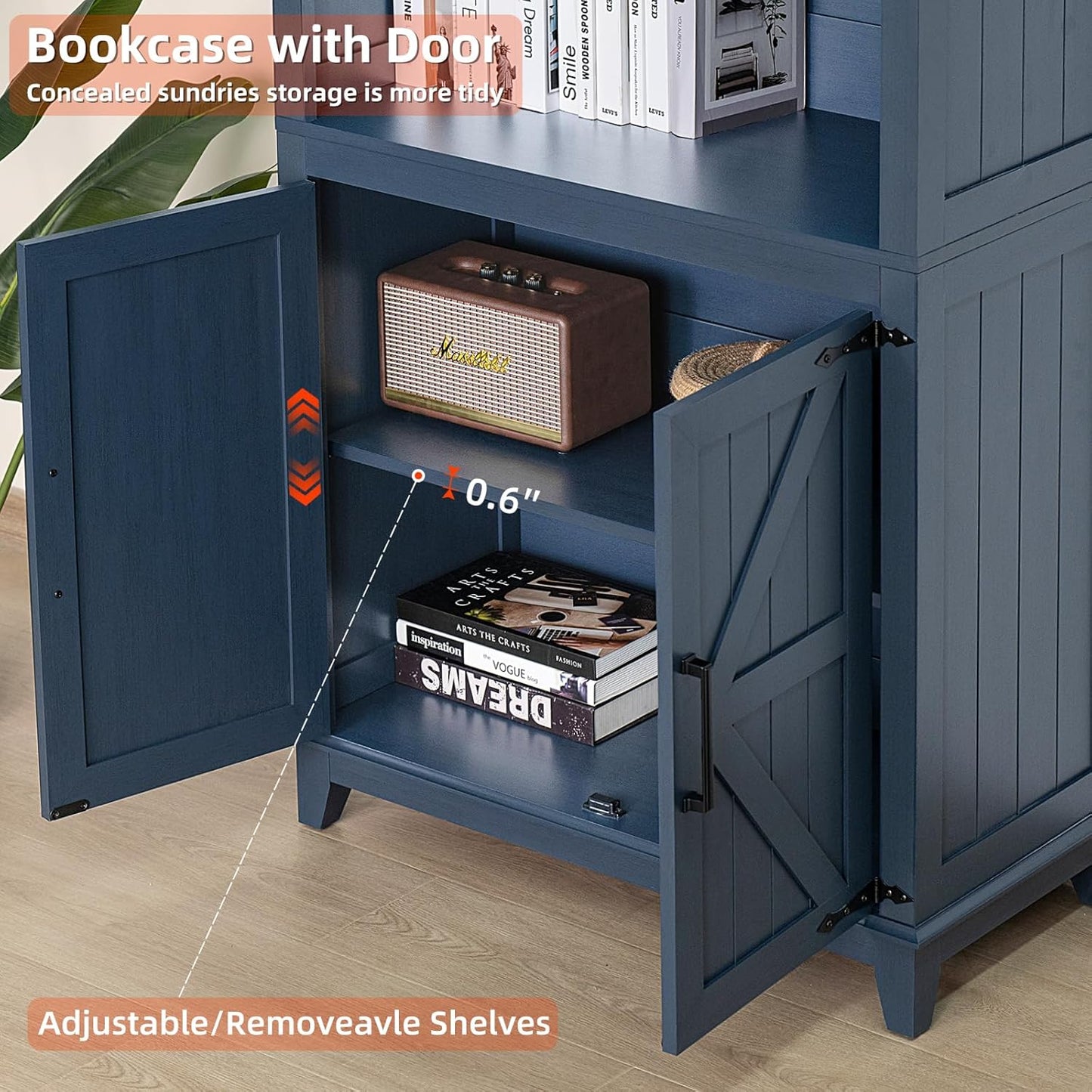 5 Tier Bookshelf 70in Tall Bookcase with Barn Doors and Storage Cabinet, Blue Farmhouse Book Shelf with Adjustable Shelves, Wood Freestanding Display Bookshelves for Bedroom, Kitchen (3PCS)