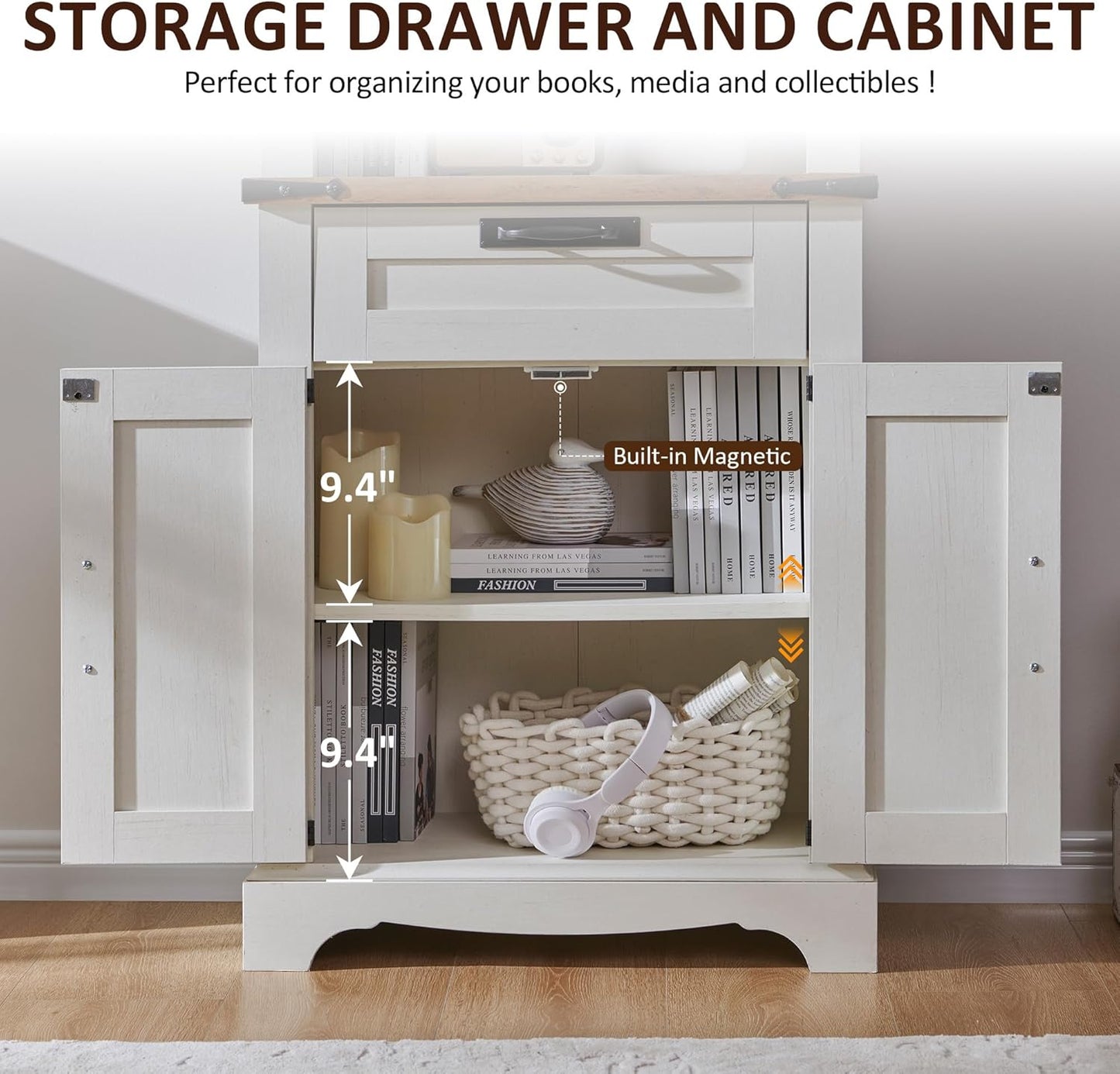 OKD 72'' Tall Bookshelf with Storage, Farmhouse 4 Tier Bookcase with Barn Door, Adjustable Shelves and Drawers, Rustic Wooden Office Bookshelves for Home Bedroom, Living Room, Library Antuique White