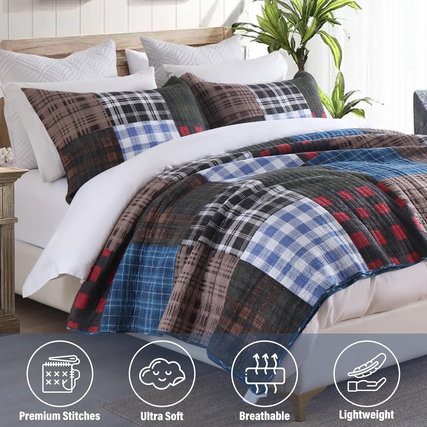 NEWLAKE Quilt Set King Size, Cotton Patchwork Blue Black Checkered Patterns Quilt Sets, Reversible Bedspread Lightweight and Breathable for All Seasons, Soft Quilted Bedspread with 2 Pillow Shams