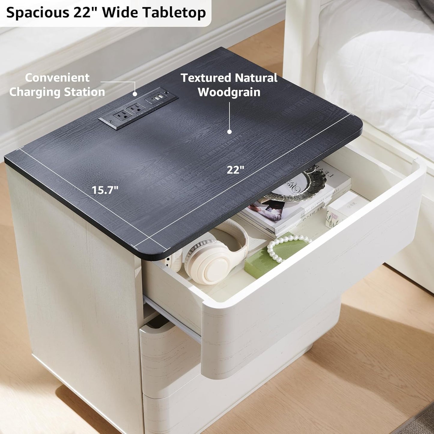 JXQTLINGMU 22" Modern Nightstand Set of 2 with Charging Station, Large Push-to-Open End Table, Wood Bedside Table, Curved Profile, Handleless 3 Drawer Night Stand for Bedroom, Living Room, Off White