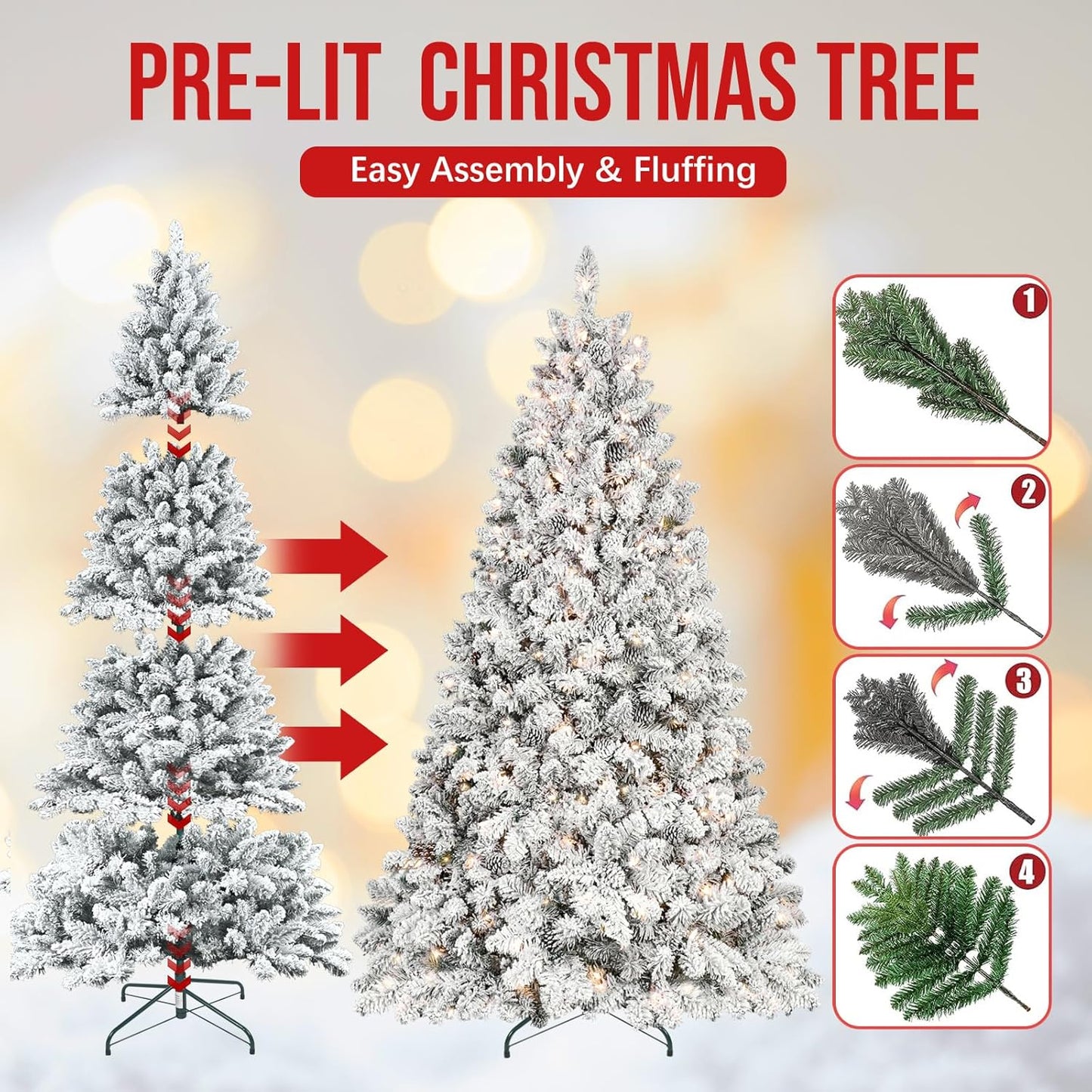 6ft Pre-lit Christmas Tree, Flocked Christmas Tree with 350 UL Lights & Pine Cones & 888 Tips, Snow Frosted Artificial Christmas Tree Prelit, Auto Hinged Spruce Xmas Tree for Holiday Decor