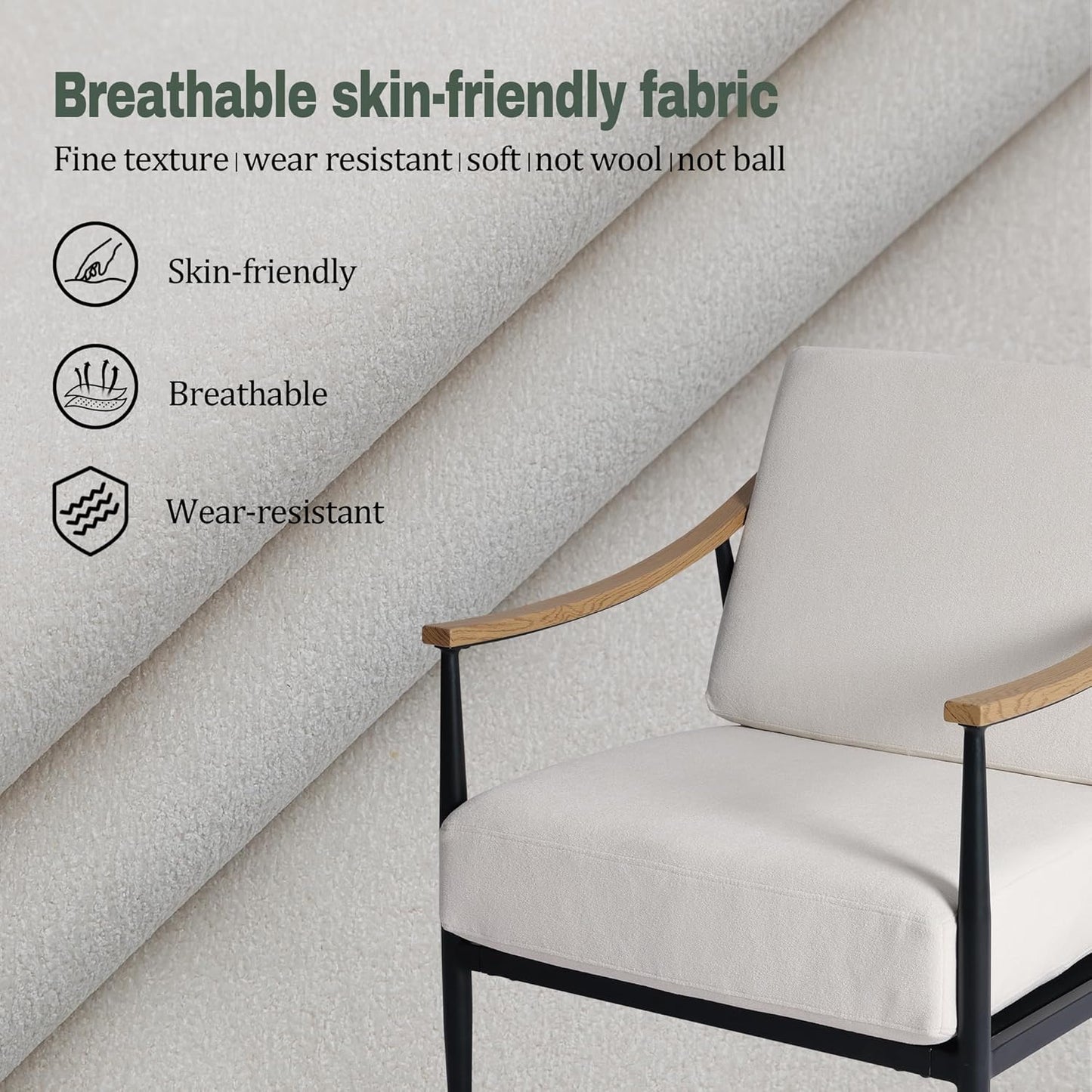 Modern Accent Chairs Set of 2 for Living Room Bedroom Mid Century Arm Chairs Upholstered Office Accent Chairs Comfy Waiting Room Chairs with Metal Frame, Cream White