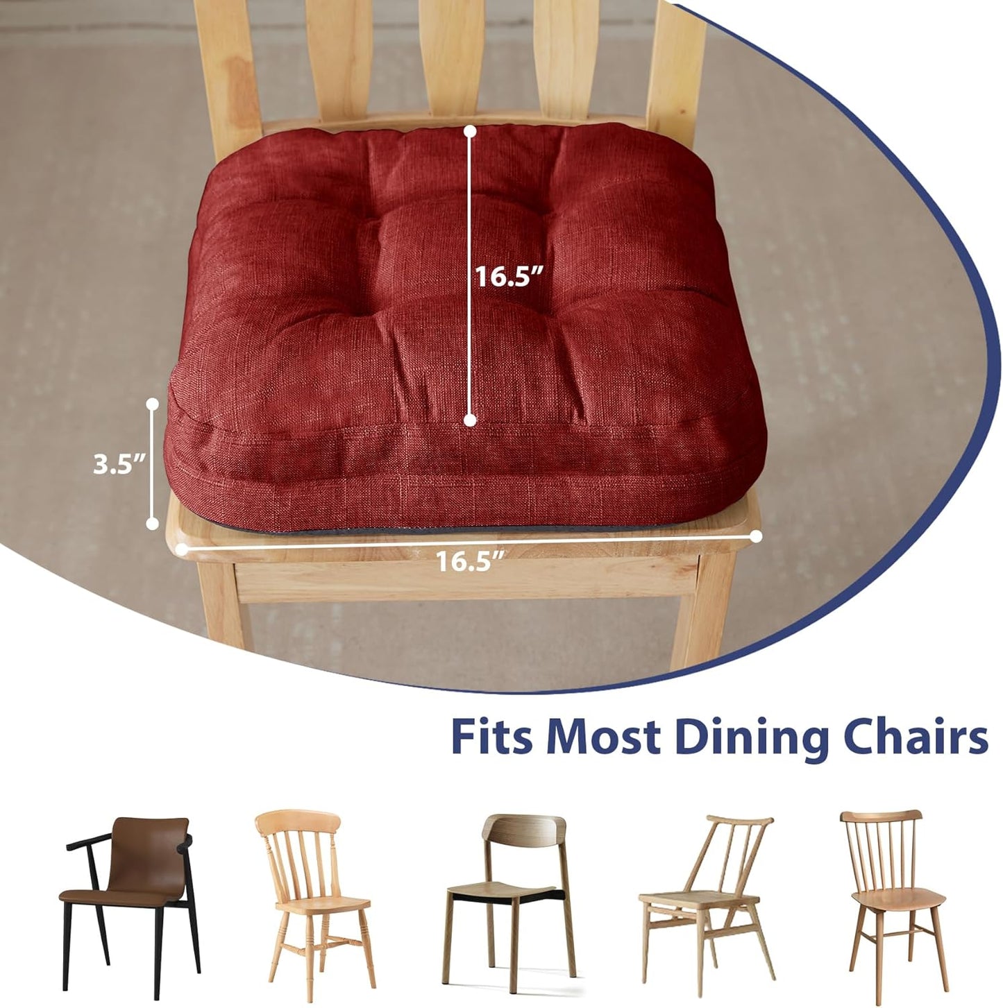 Chair Cushions for Dining Chairs, Dining Chair Cushions, Tufted Indoor Chair Pads with Ties & Non Slip Backing, Seat Cushions for Kitchen Chairs 16.5” x 16.5” x 3.5”, Set of 4, Red