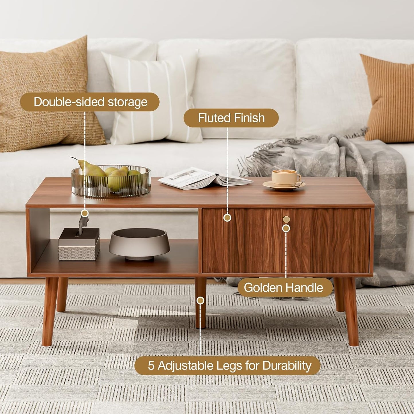 Coffee Table with Storage, Mid Century Dining Table with Fluted Drawer and Solid Wood Legs, Small Coffee Tables for Living Room, Walnut