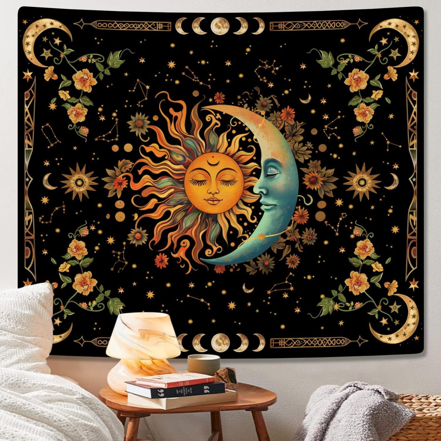 ARTCREATOR Sun and Moon Tapestry Astrology Space Wall Hanging Boho Hippie Floral Plant Tapestries Aesthetic Vintage Mandala Flower Decor for Living Room Bedroom (51" x 59")