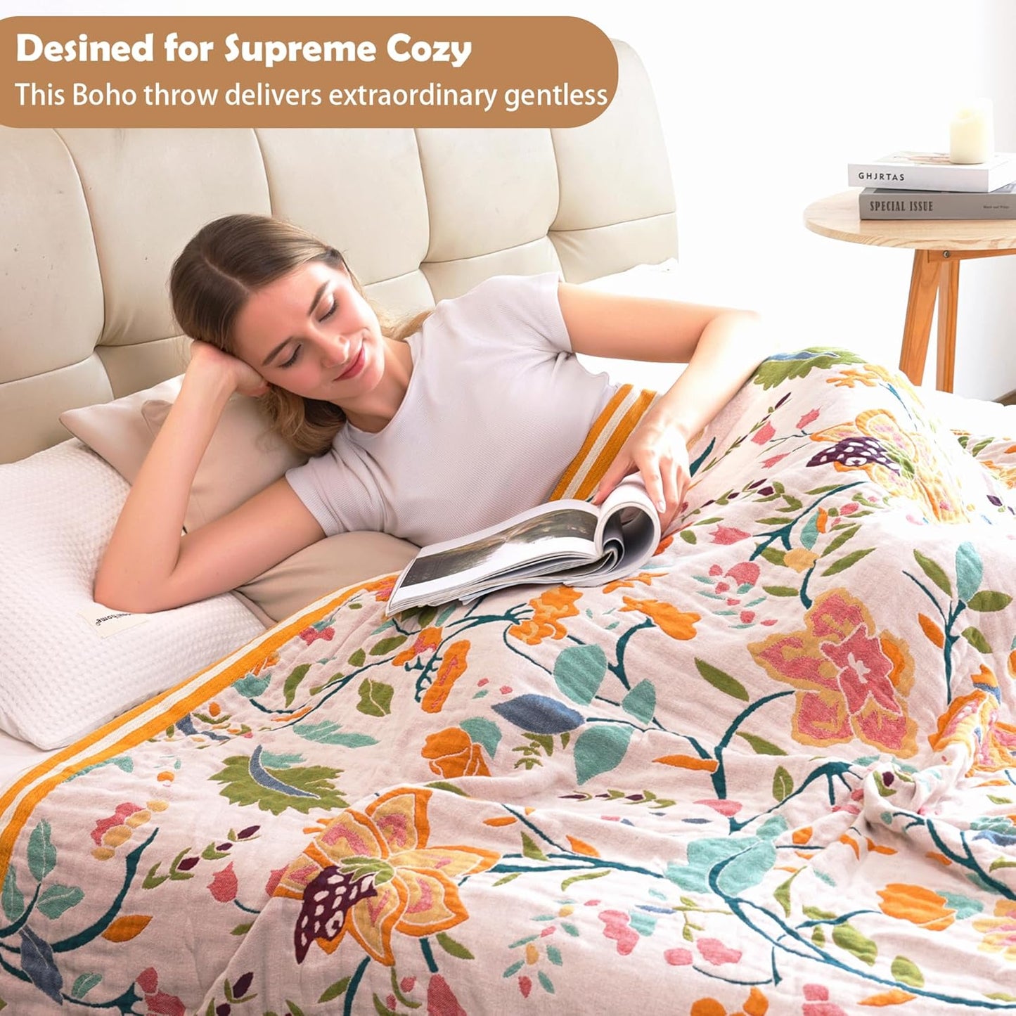 Boho Throw Blanket, 100% Organic Cotton Breathable Ultra Soft 80" x 90" Bed Quilt Throw - All Season Floral Rustic Farmhouse Decor Luxury Reversible Blanket for Sofa Couch Chair and Gift