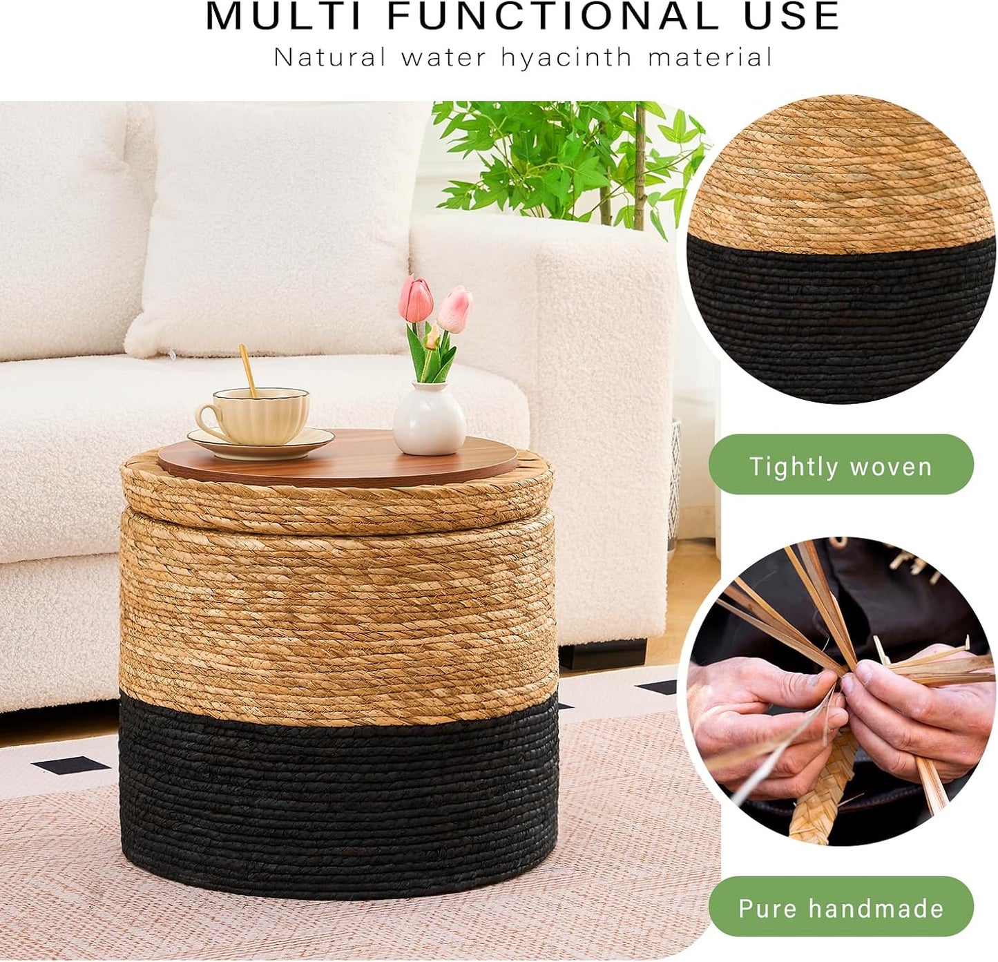 Wimarsbon 18'' Ottoman Pouf, Natural Braided Poof, Rustic Handweave Lounge Pouffe, Boho Footrest Stool for Bedroom, Accent Table for Living Room (Storage - 18inch Cattail+Black Corn Husk L)