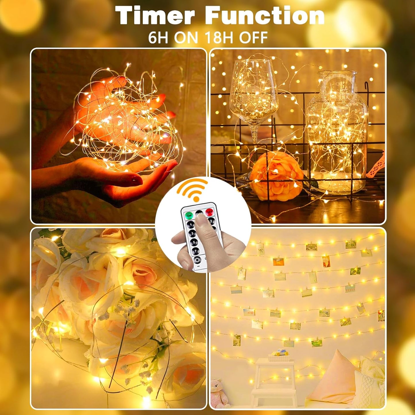 4 Pack Fairy Lights Battery Operated with Remote Control Timer, LED String Lights Outdoor Indoor Decorations, 8 Modes Twinkle Lights for Christmas Party Wedding Birthday Bedroom Décor (Warm White)