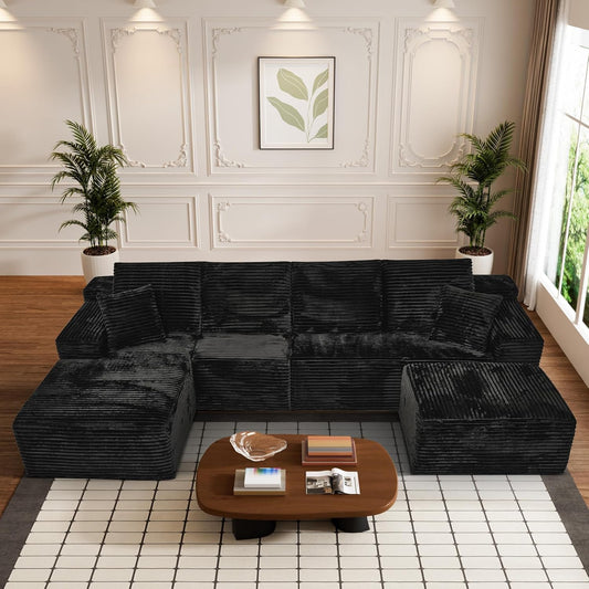 Modular Sectional Sofa Cloud Sectional Couch, 135" Comfy Fluffy U Shaped Black Couches for Living Room, Deep Seat Memory Foam Plush Corduroy Boneless Couch Sectionals with Left Facing Chaise Sofa