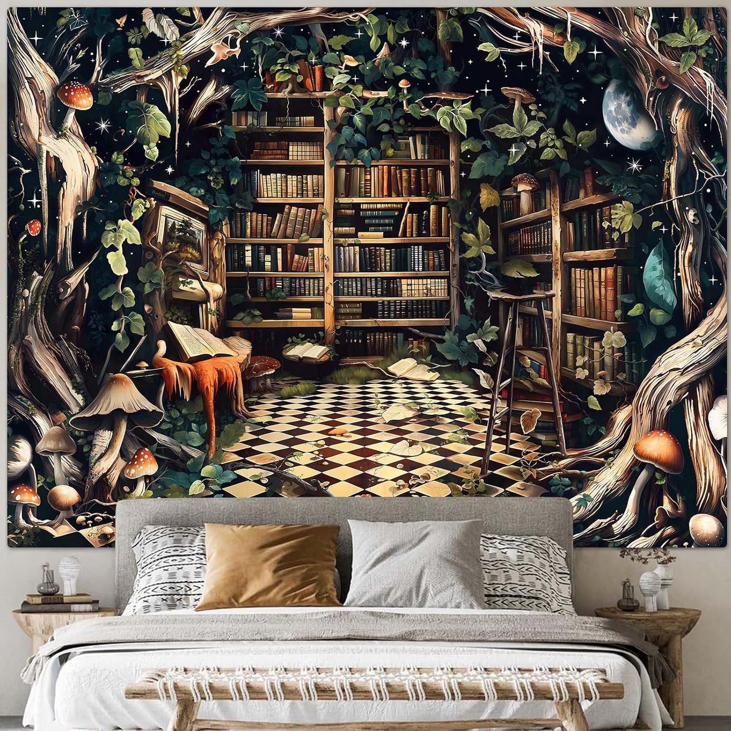 Accnicc Fantasy Forest Bookshelf Tapestry Witchy Fairy Tree Mushroom Retro Backdrop Tapestries Wall Hanging Vintage Library Book Tapestry for Bedroom Living Room Dorm 80 x 60 inch