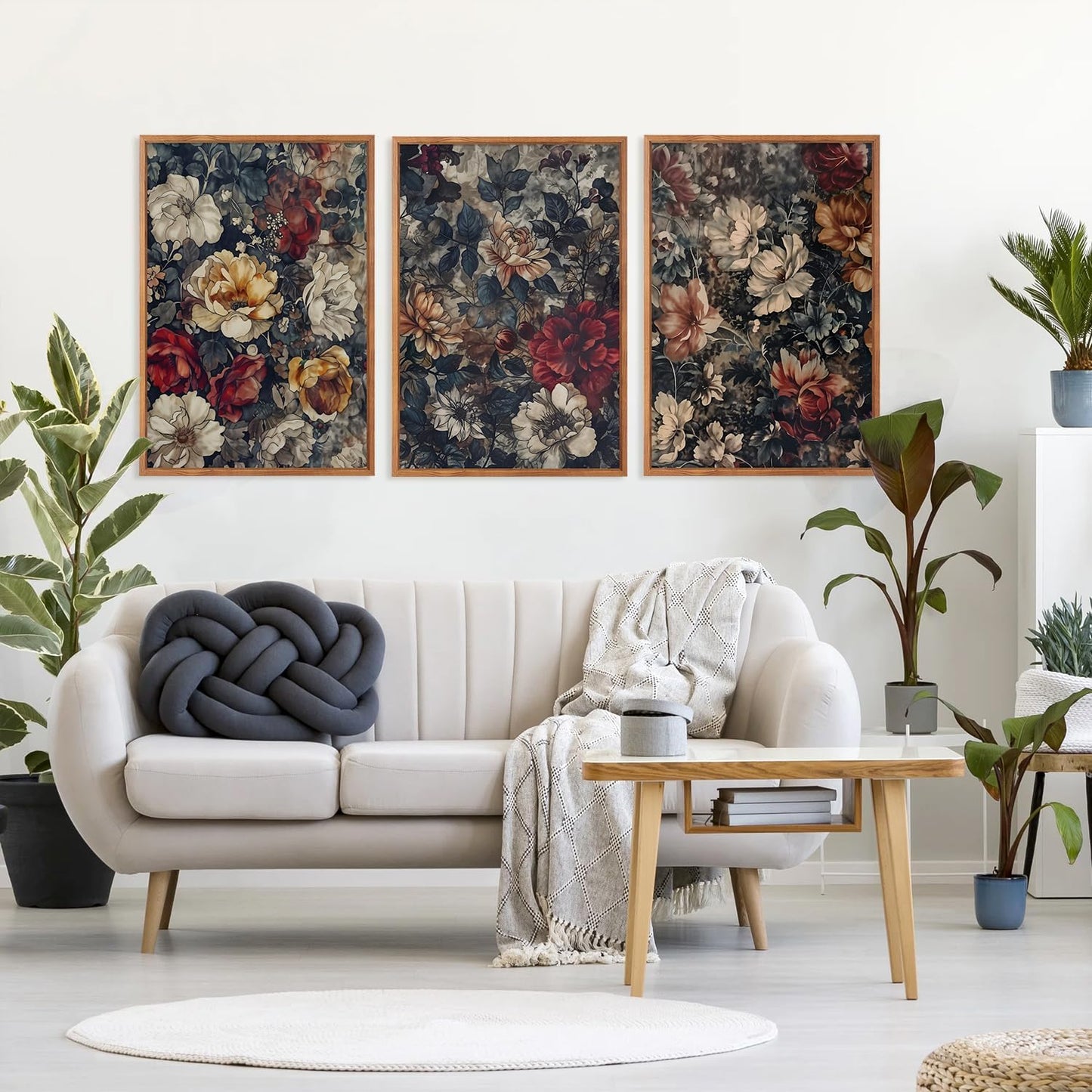 Aurlan Dark Moody Boho Wildflowers Wall Art Set(16"x24"), 3 Pieces Vintage Mid Century Modern Floral Framed Canvas Artwork, Large French Penoy Botanical Wall Decor for Office Bedroom Living Room