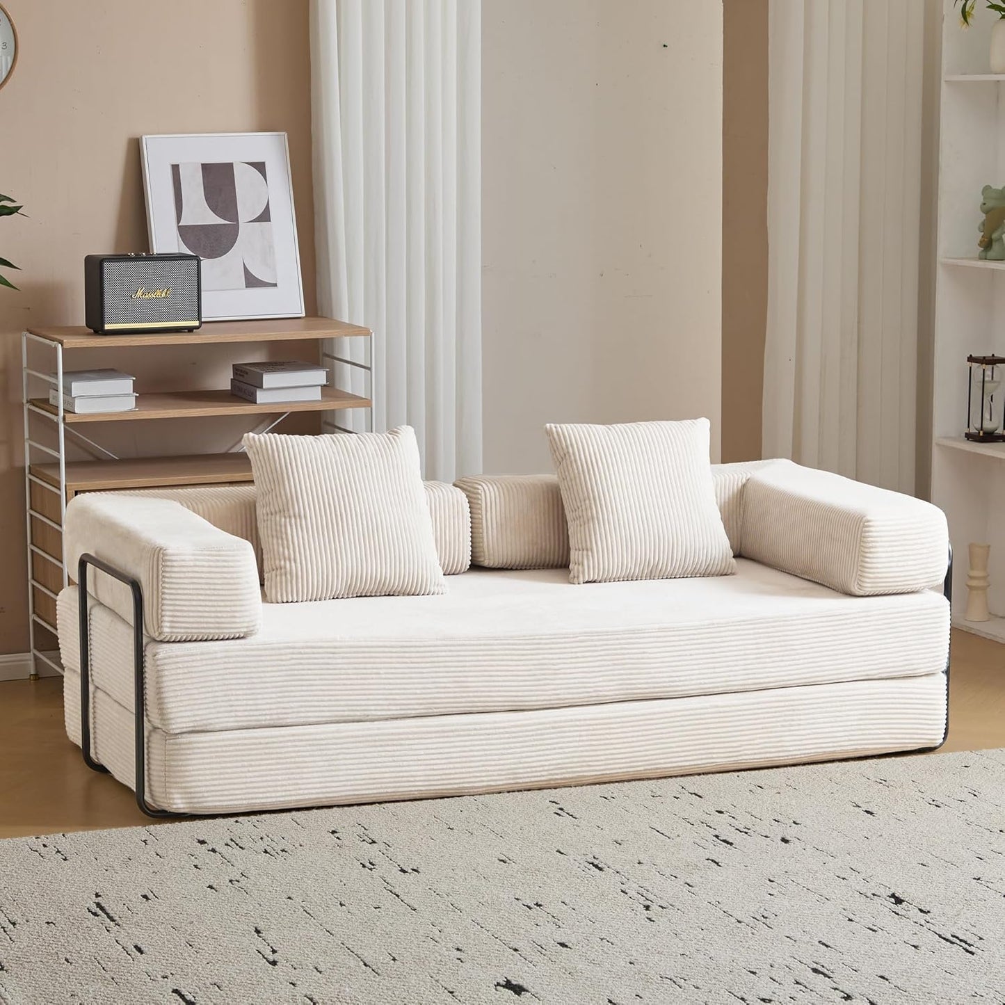 Convertible Sleeper Sofa Bed, Compression Folding Sofa with Pillow, No Assembly Required, Shape Frame, Floor Sofas Lounge Couch for Living Room, Bedroom, Small Spaces(Corduroy, 77''W, Off-white)